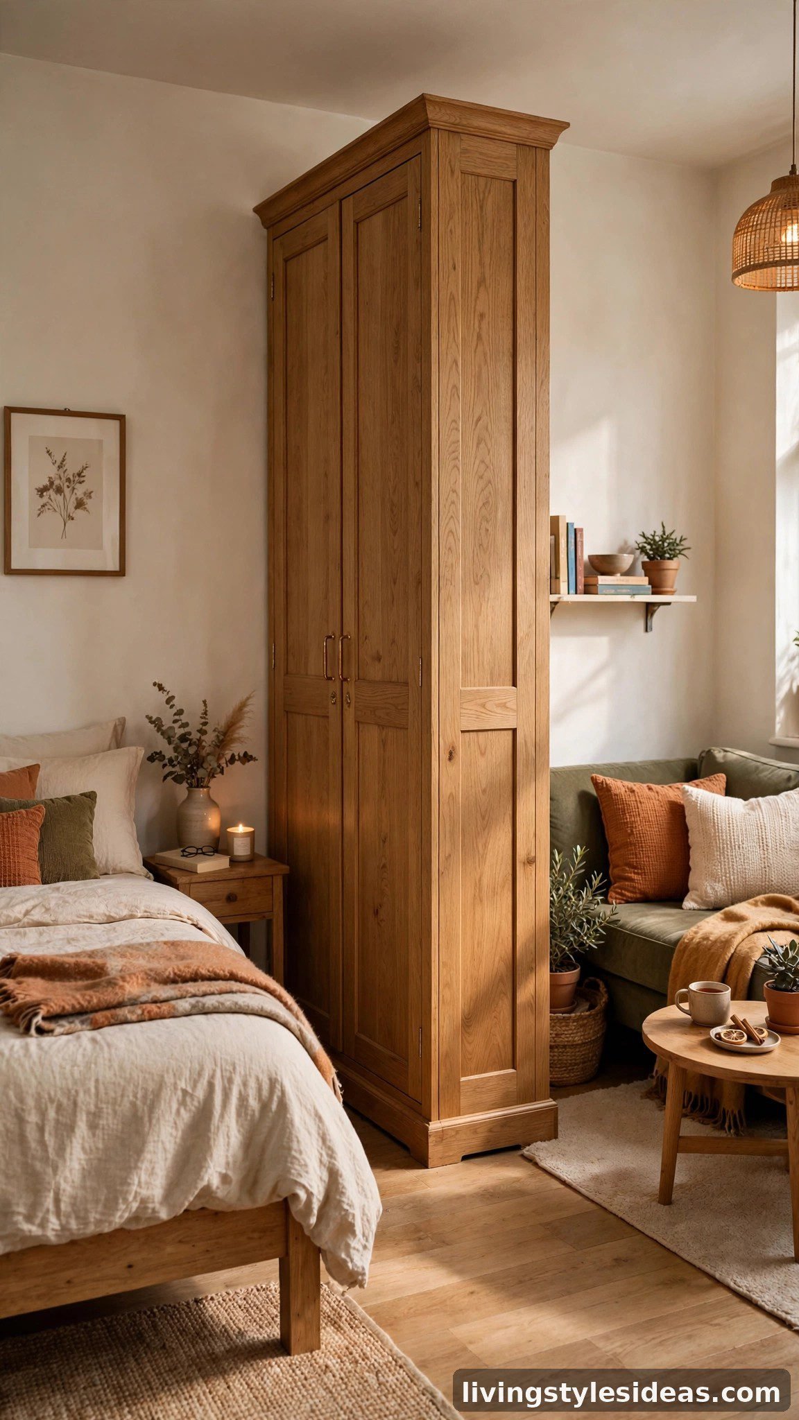 Tall wardrobe used as a room divider between bed and sofa in a studio