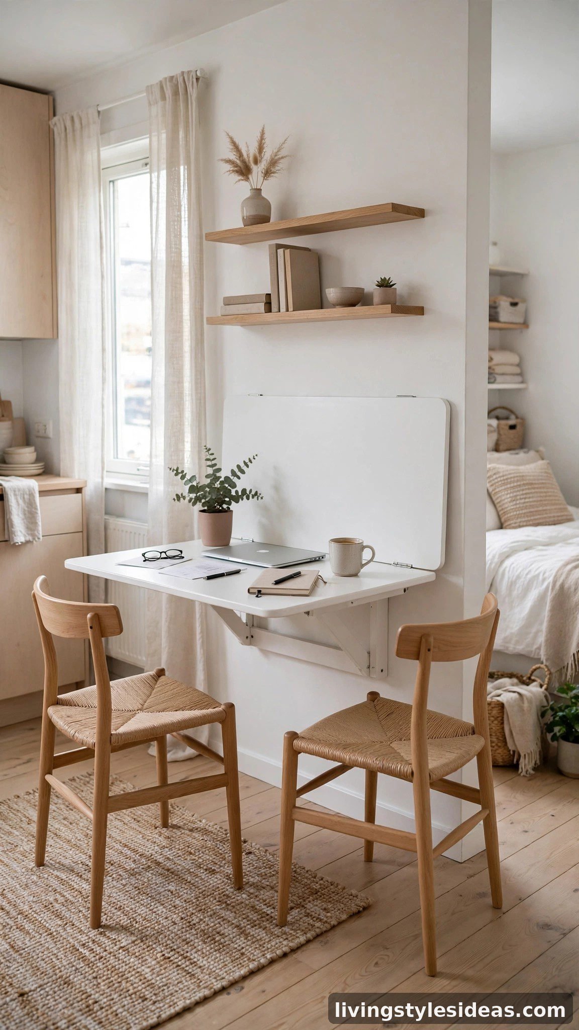 Wall-mounted drop-leaf table for dining and work in a studio apartment