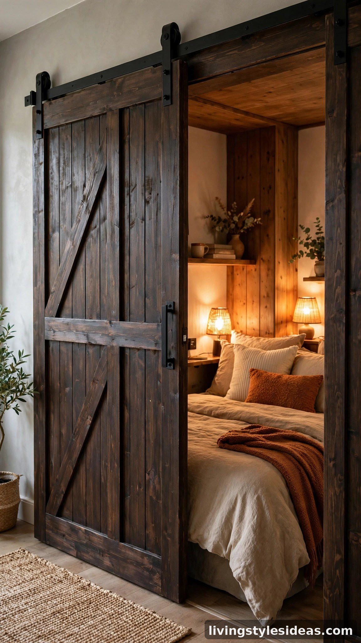 Bed nook enclosed by sliding barn doors in a studio apartment