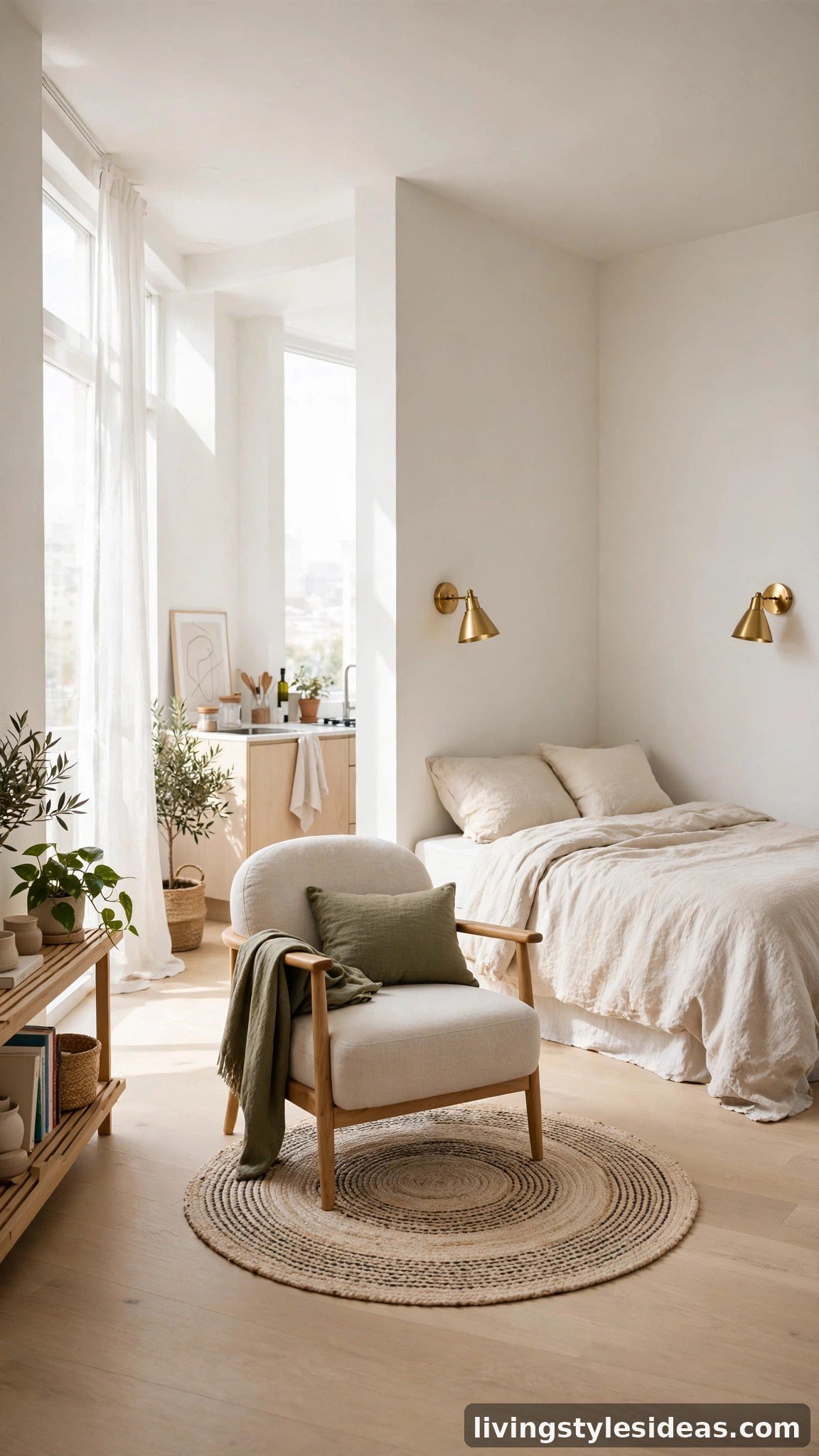 Bed tucked into the corner freeing floor space in a studio apartment