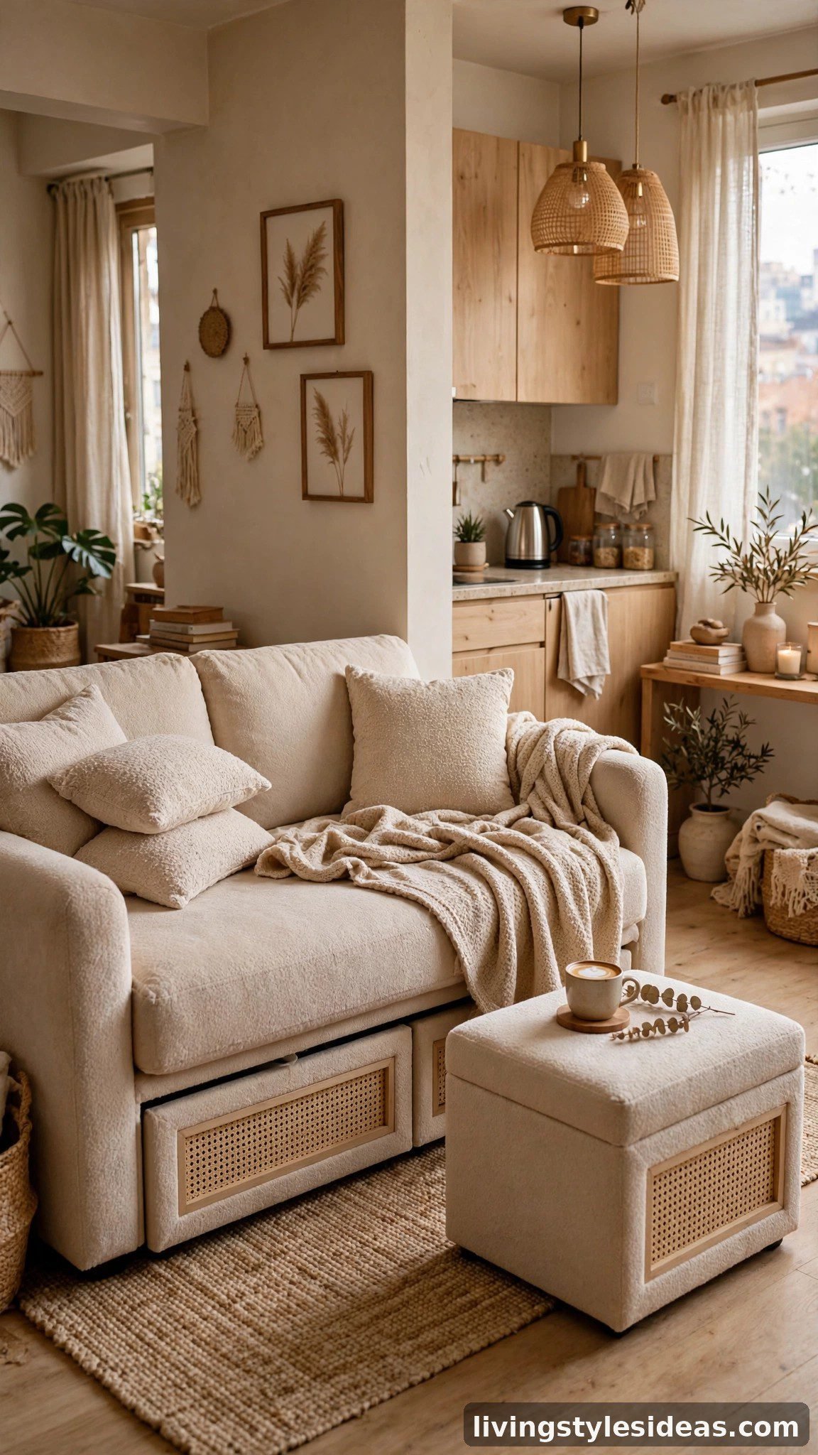 Storage sofa bed with ottoman in a studio living area