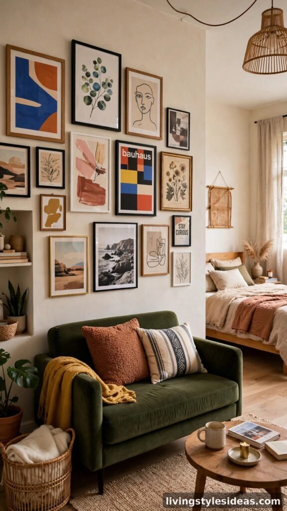 Bold gallery wall above the sofa anchoring the living zone of a studio