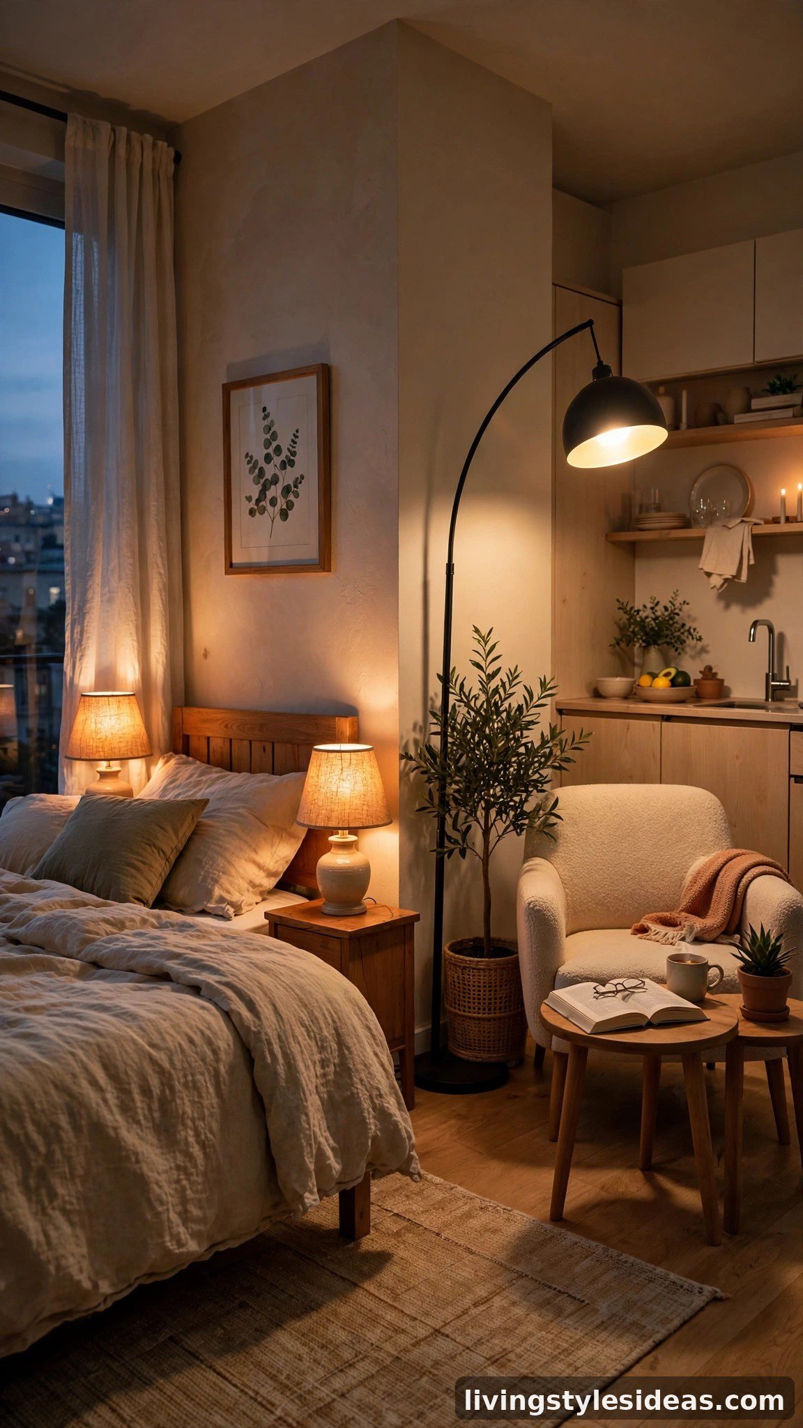 Layered lamp lighting creating separate moods in a studio apartment
