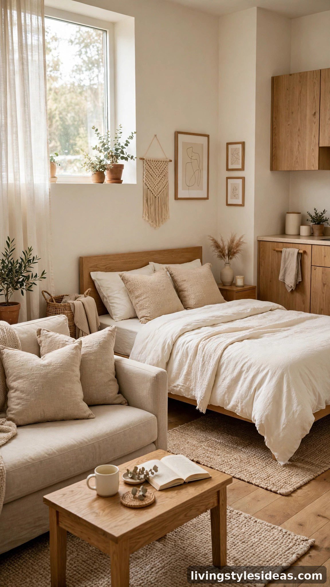 Studio apartment in a cohesive warm neutral monochrome palette