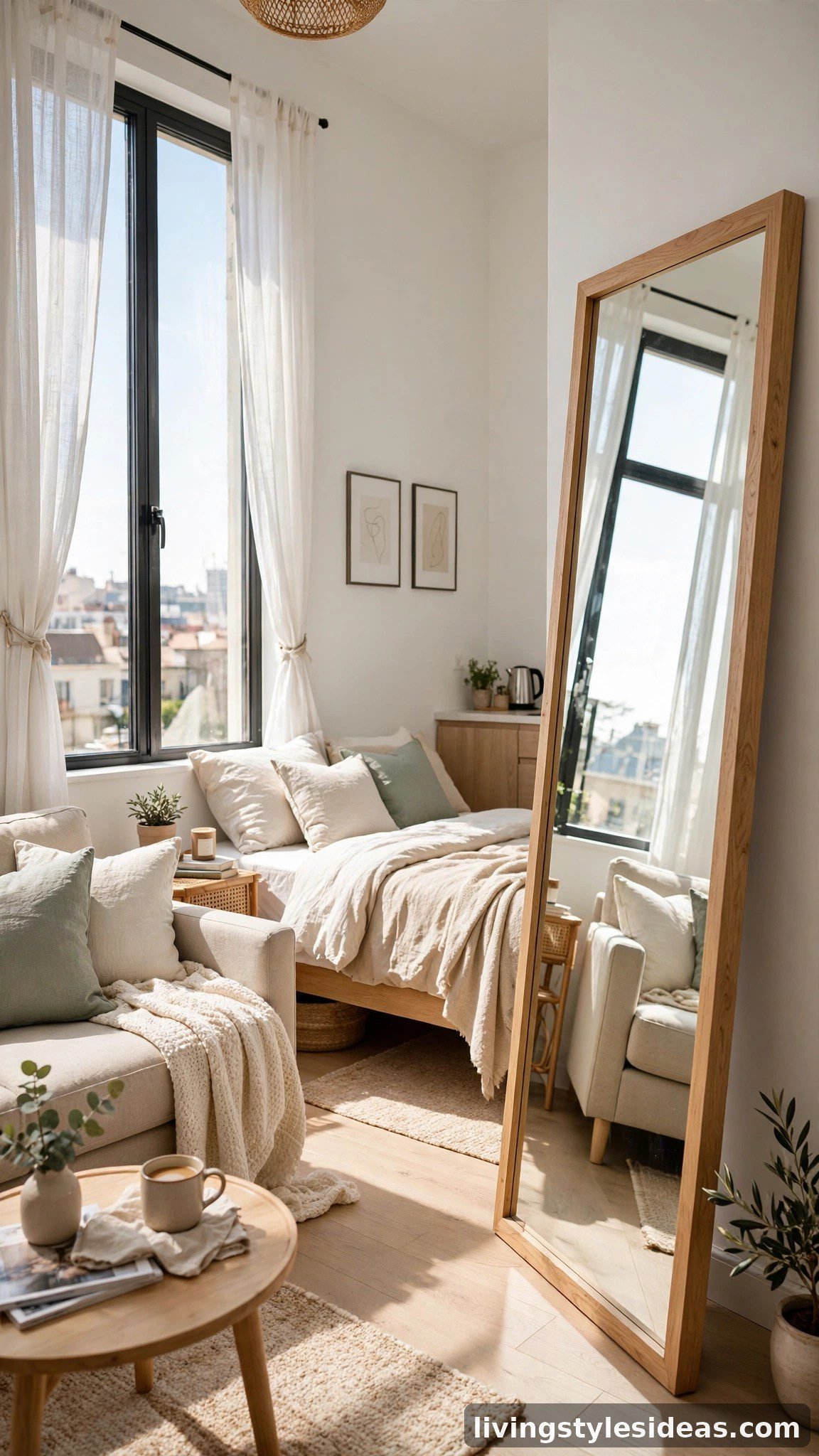 Large mirror bouncing daylight through a small studio apartment