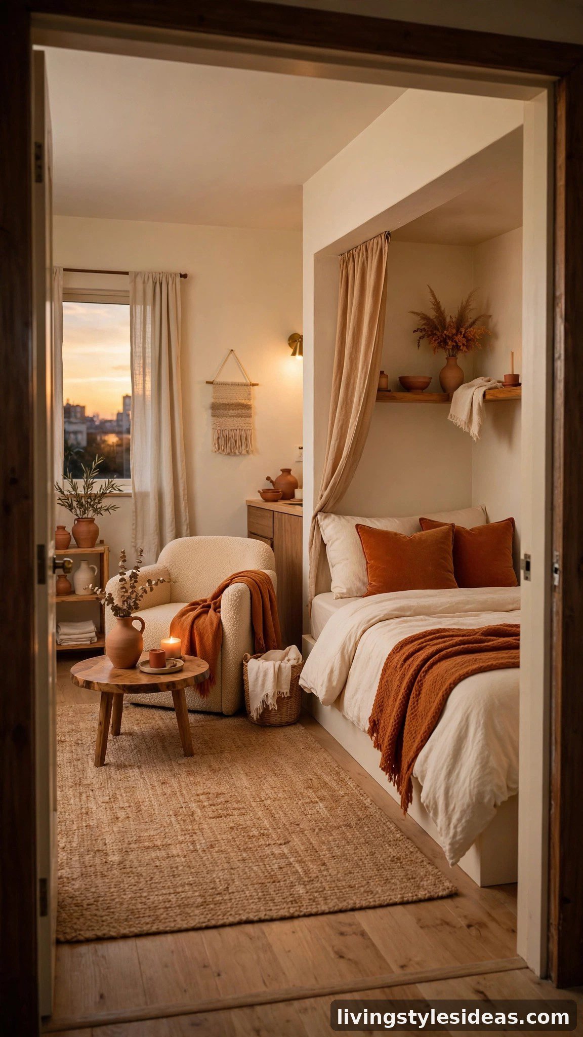 Cozy studio apartment styled in a terracotta sunset color palette with burnt orange, clay, warm sand and cream tones