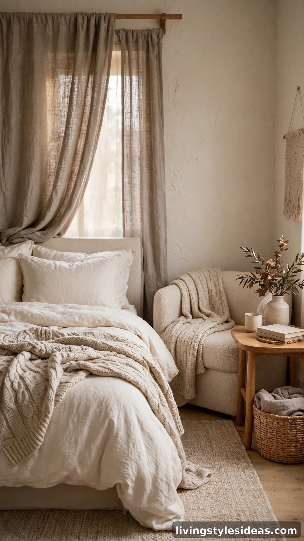 Cozy studio apartment in a warm greige color palette with oatmeal, soft taupe and ivory layers