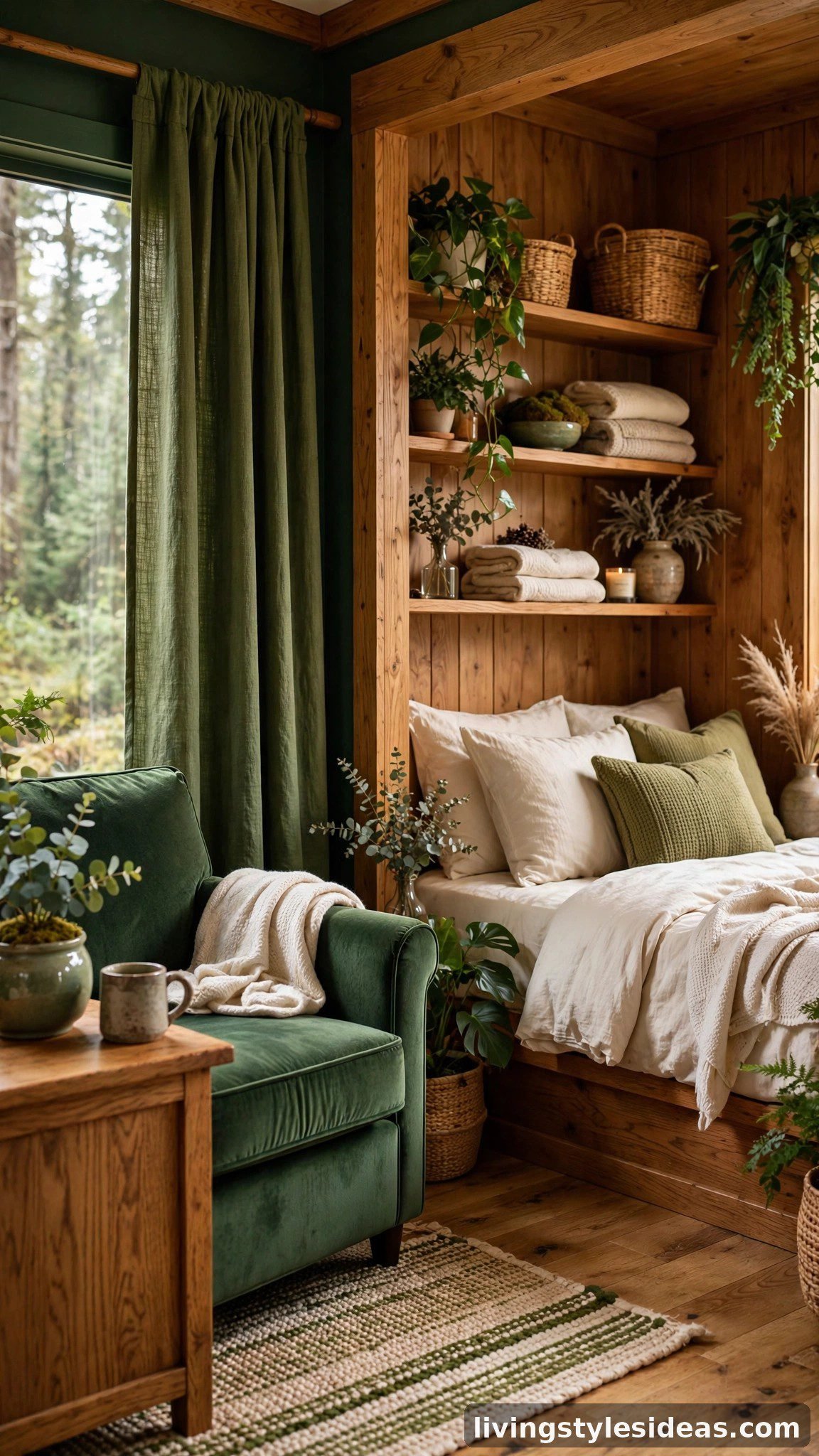 Cozy studio apartment styled with a forest retreat palette of deep green, moss, warm oak and cream