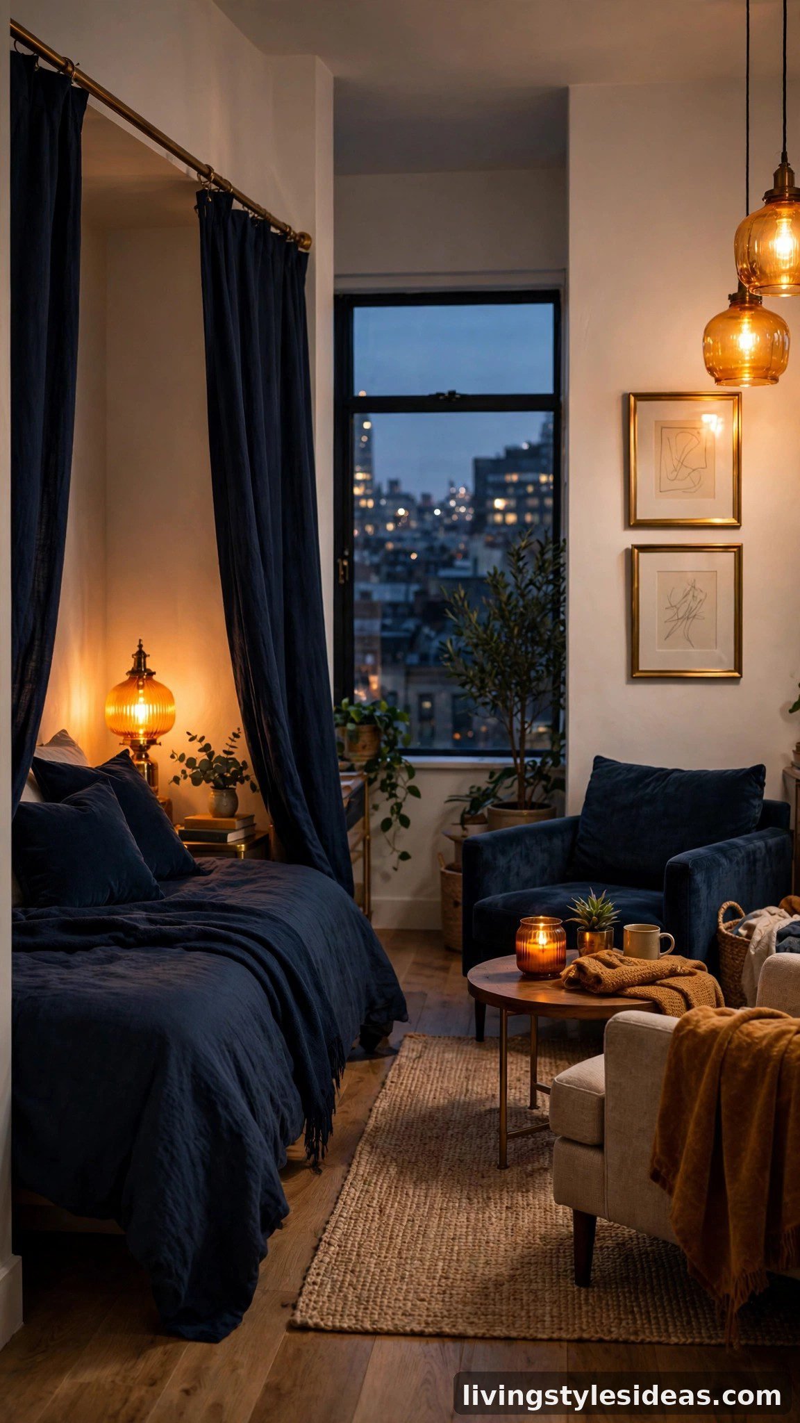 Cozy studio apartment in a midnight navy and amber glow palette with warm white and brass accents