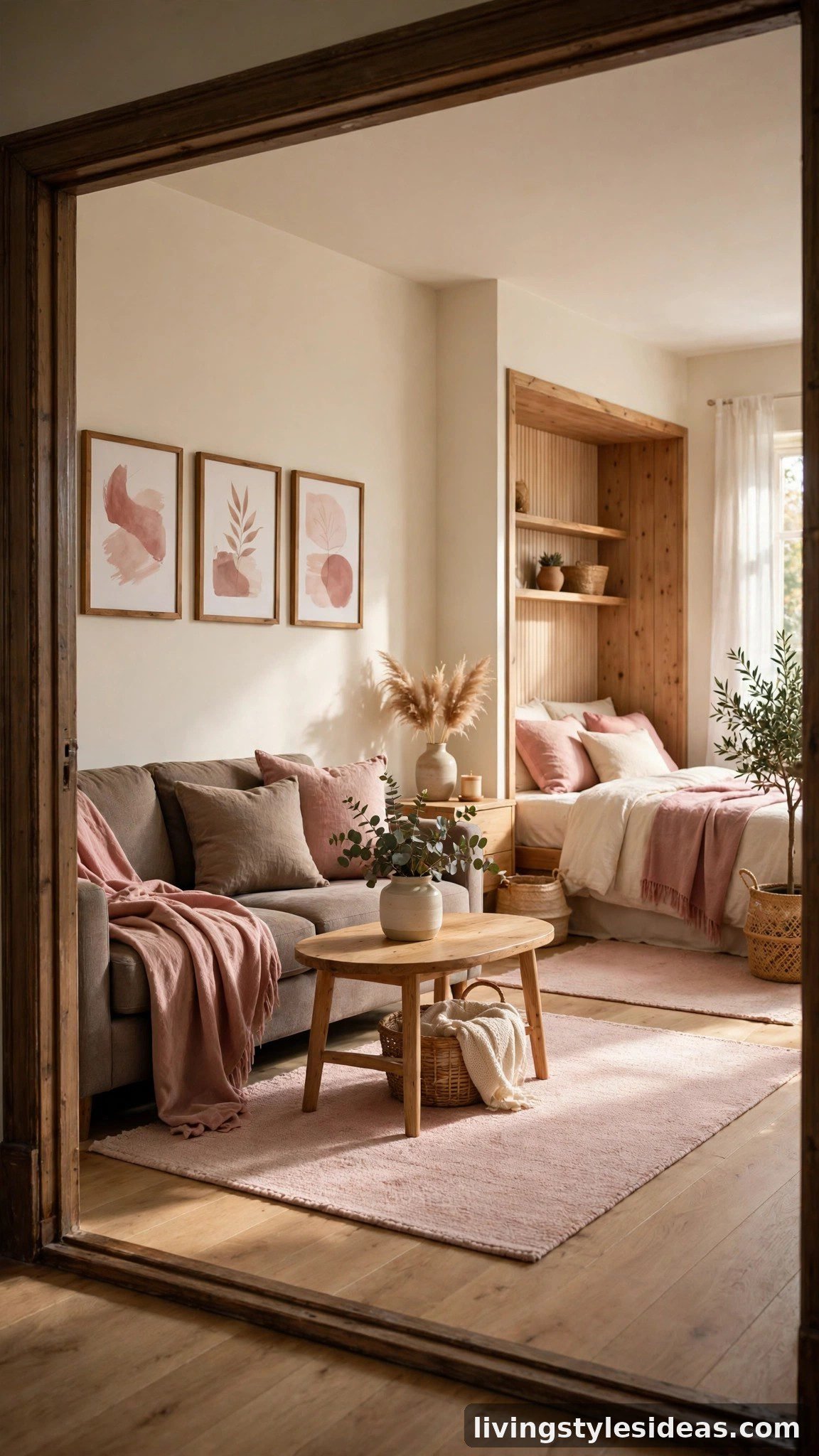 Cozy studio apartment styled in a blush whisper palette of dusty rose, blush pink, warm gray and cream