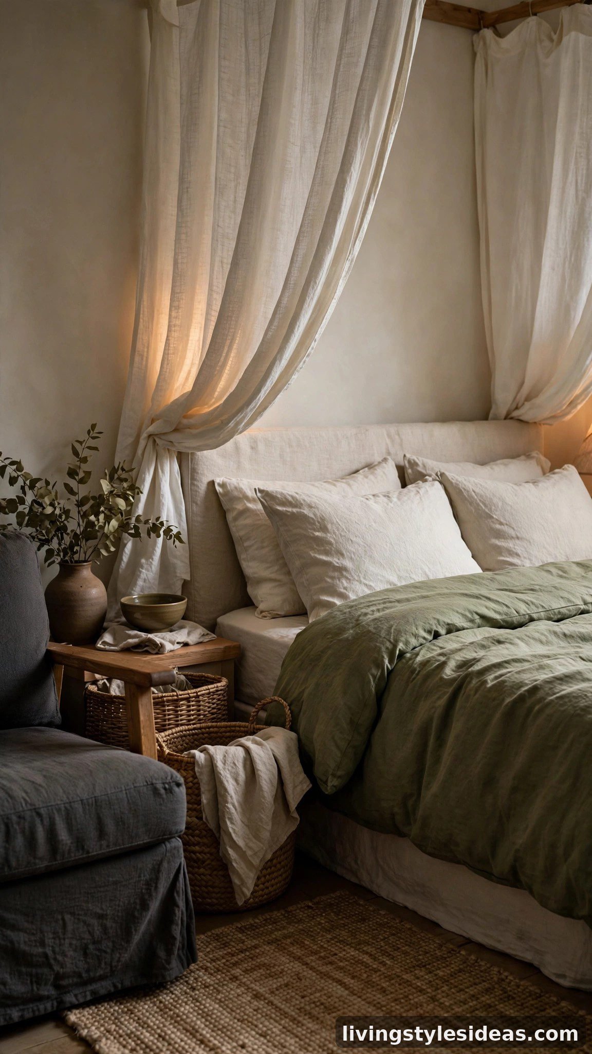 Cozy studio apartment in an olive and linen palette with olive green, natural linen, charcoal and off-white