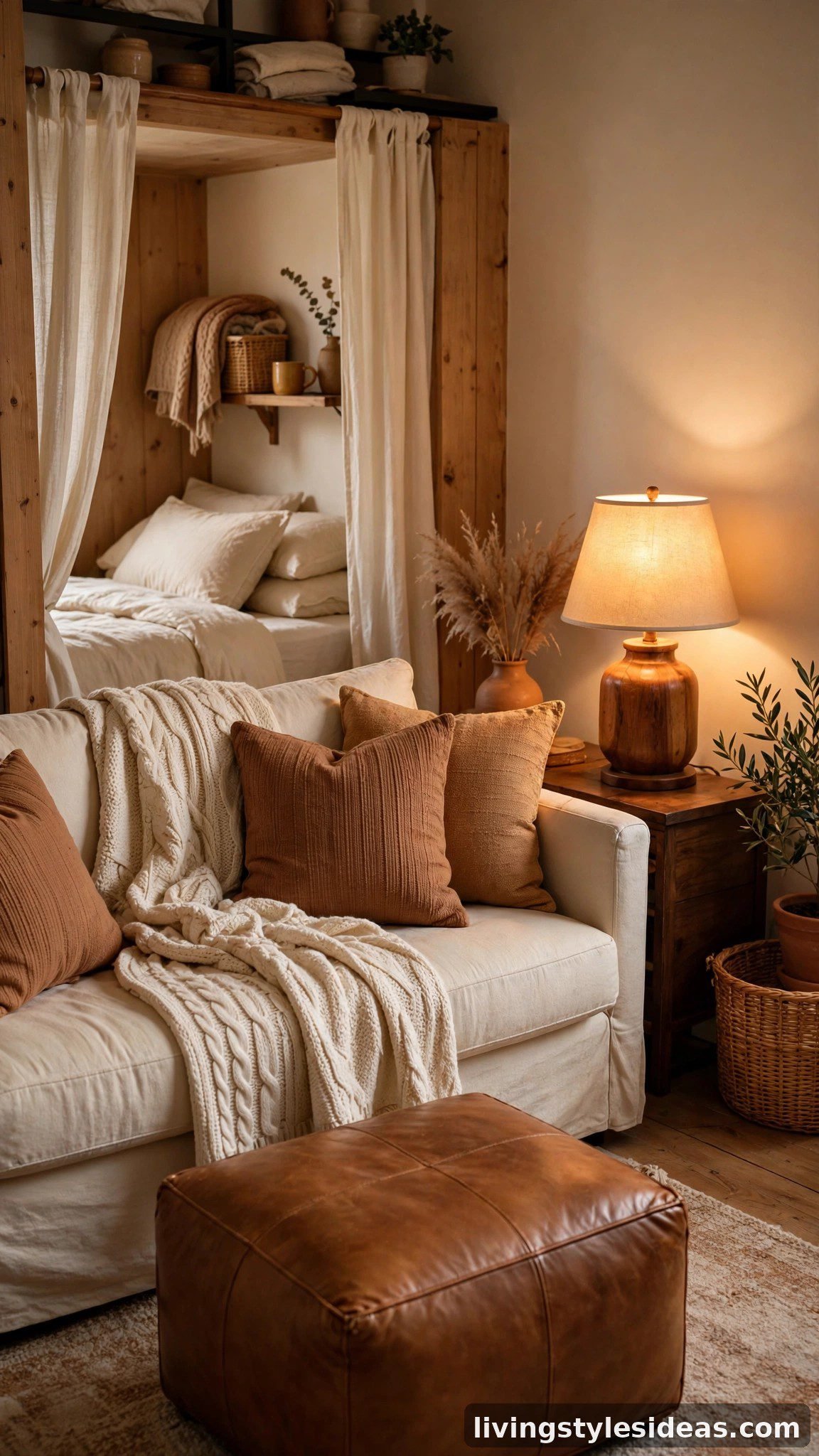 Cozy studio apartment styled with a cinnamon spice palette of cinnamon, caramel, espresso brown and cream