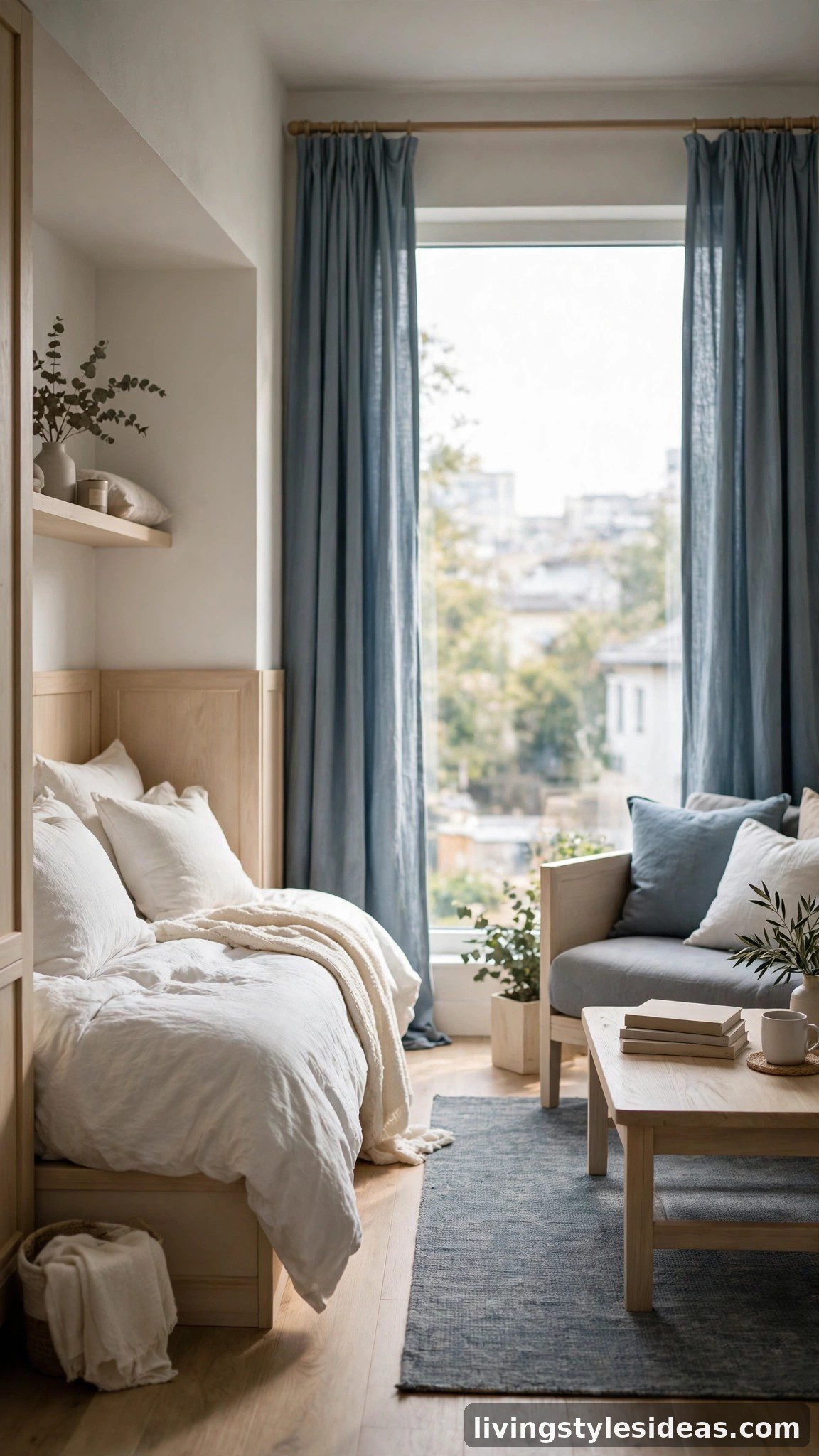 Cozy studio apartment in a dusty blue calm palette with slate gray, soft white and pale oak