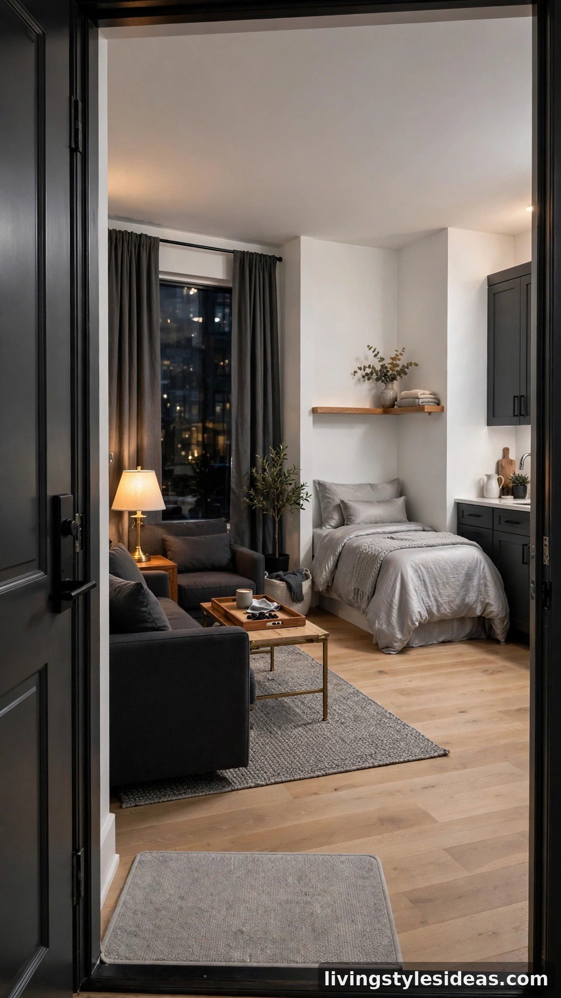 Cozy studio apartment styled in a charcoal elegance palette of charcoal, graphite, silver gray and crisp white