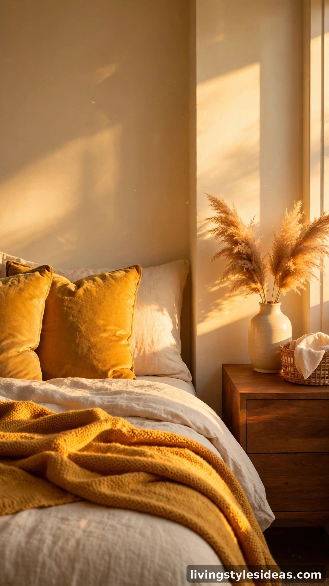 Cozy studio apartment in a golden hour glow palette with golden honey, mustard, warm brown and cream