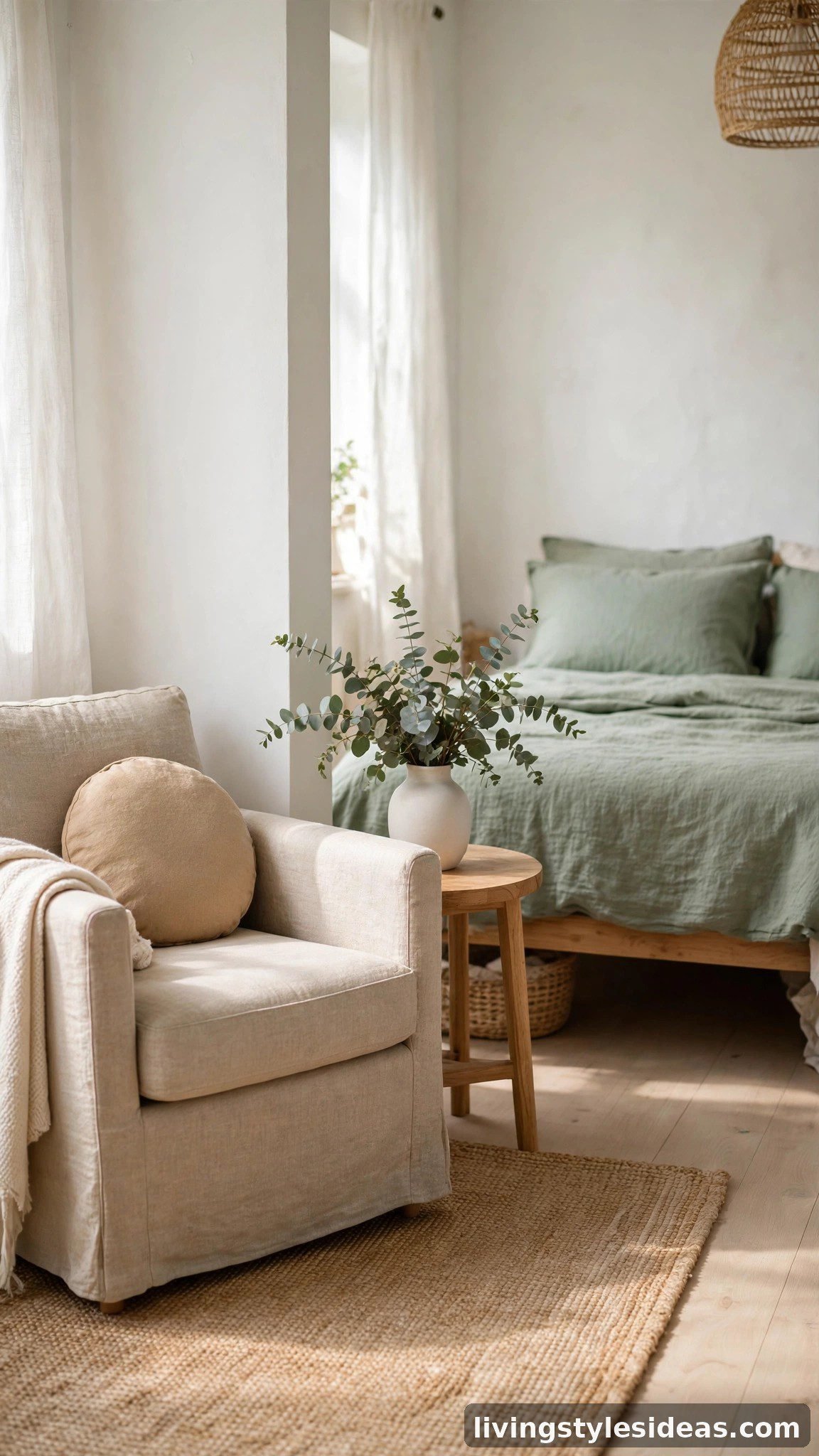 Cozy studio apartment styled with a sage serenity palette of sage green, eucalyptus, warm sand and soft white