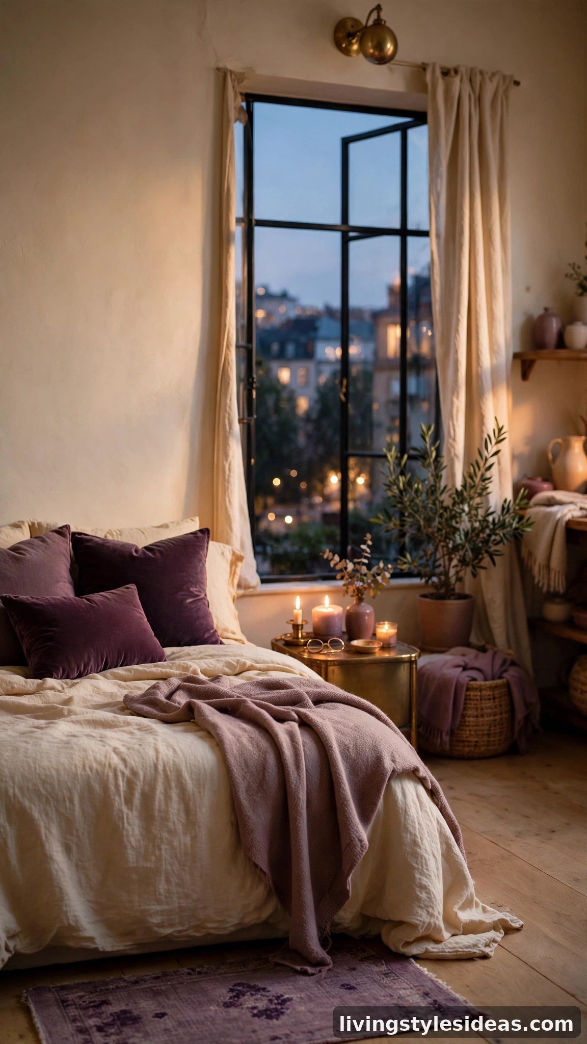 Cozy studio apartment in a plum and fig palette with deep plum, fig purple, mauve and warm cream