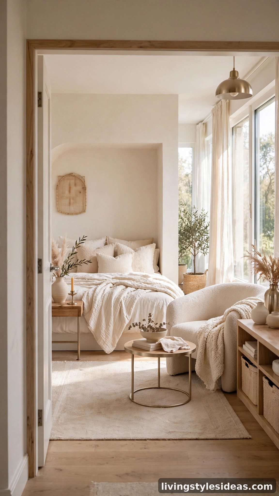 Cozy studio apartment styled in a monochrome warmth palette of warm white, ivory, soft beige and champagne