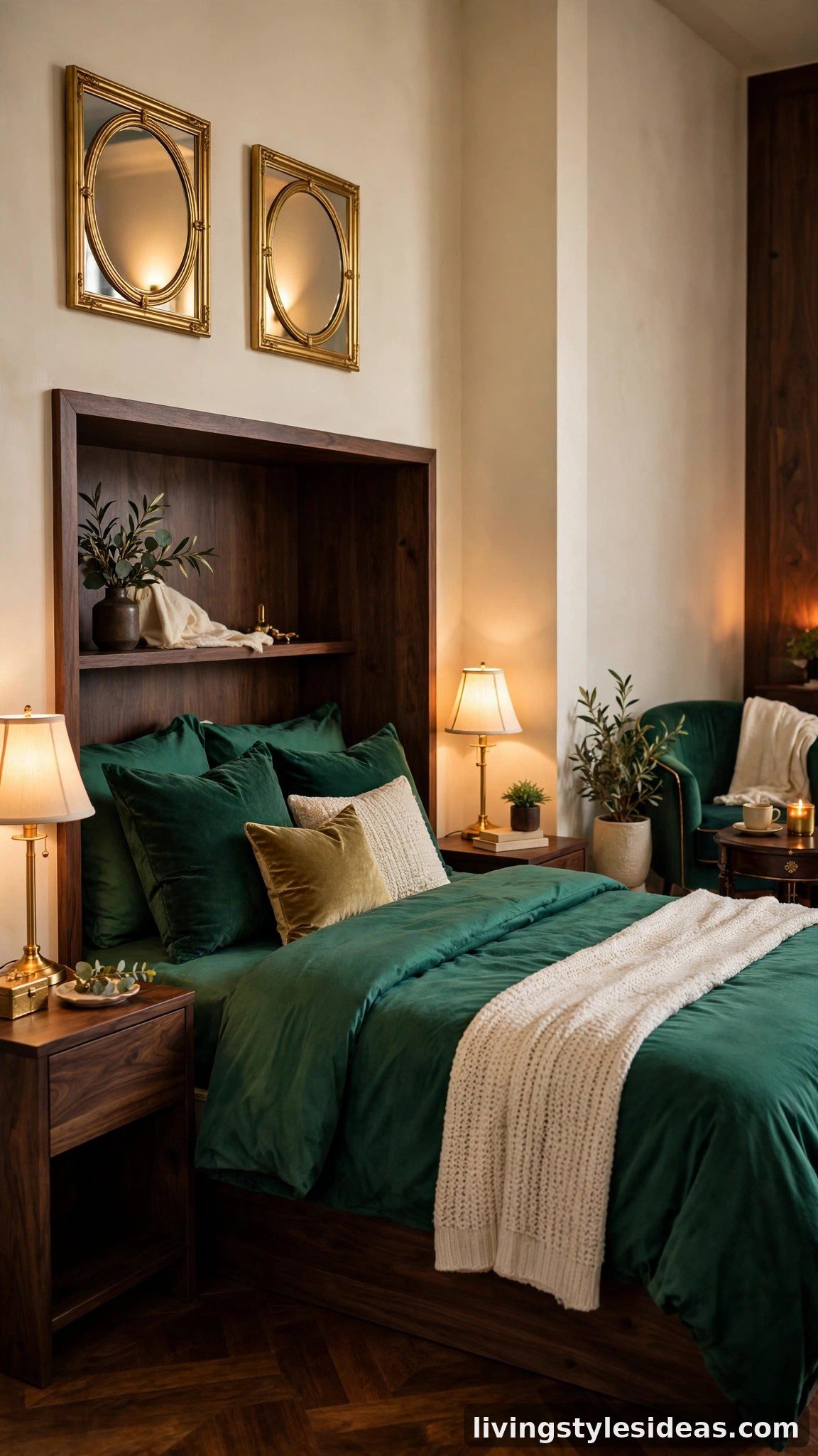 Cozy studio apartment in an emerald and gold palette with dark walnut and cream accents