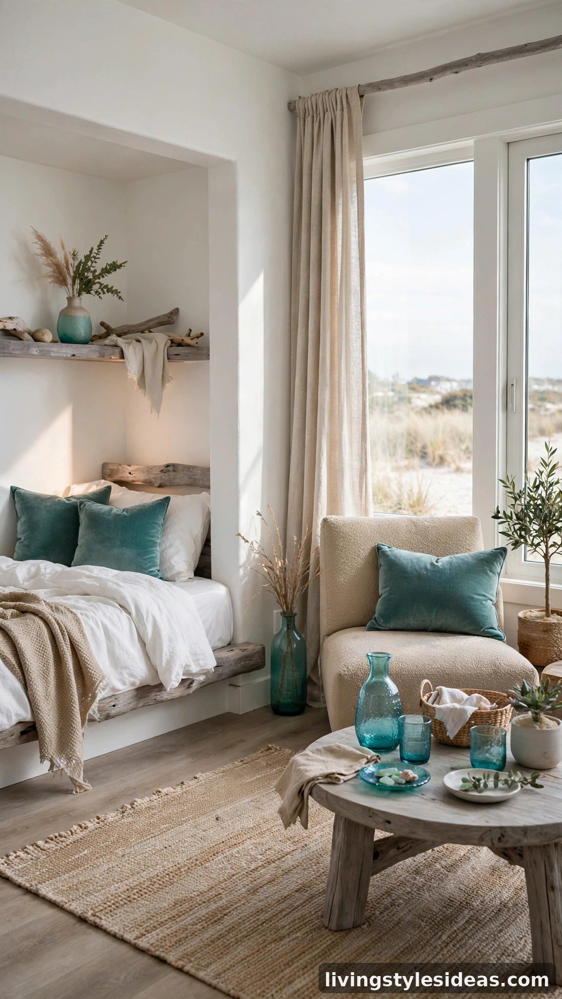 Cozy studio apartment styled with a coastal dune palette of sea-glass teal, driftwood gray, sandy beige and white