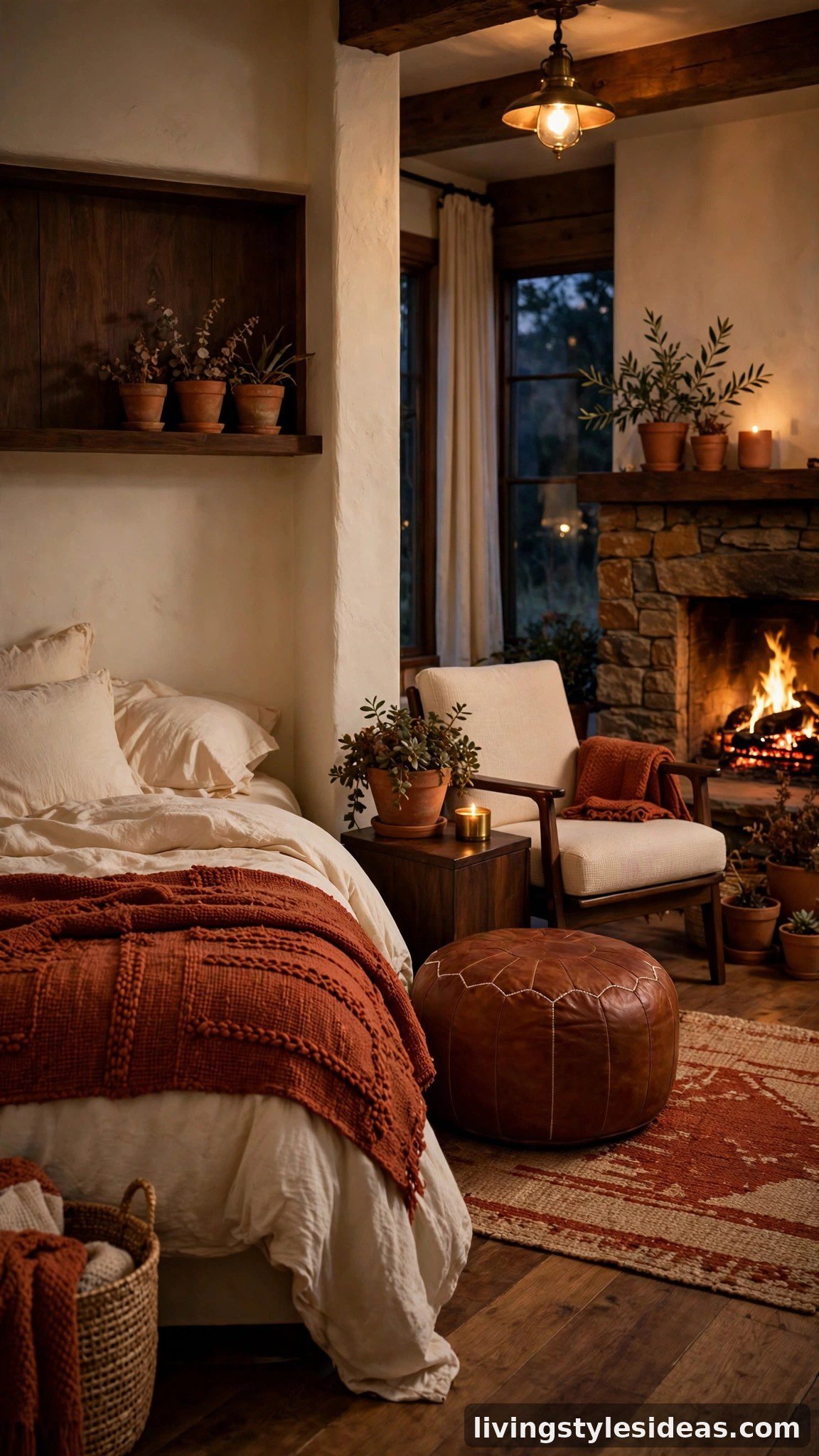 Cozy studio apartment in a rustic ember palette with rust red, burnt sienna, dark walnut and cream