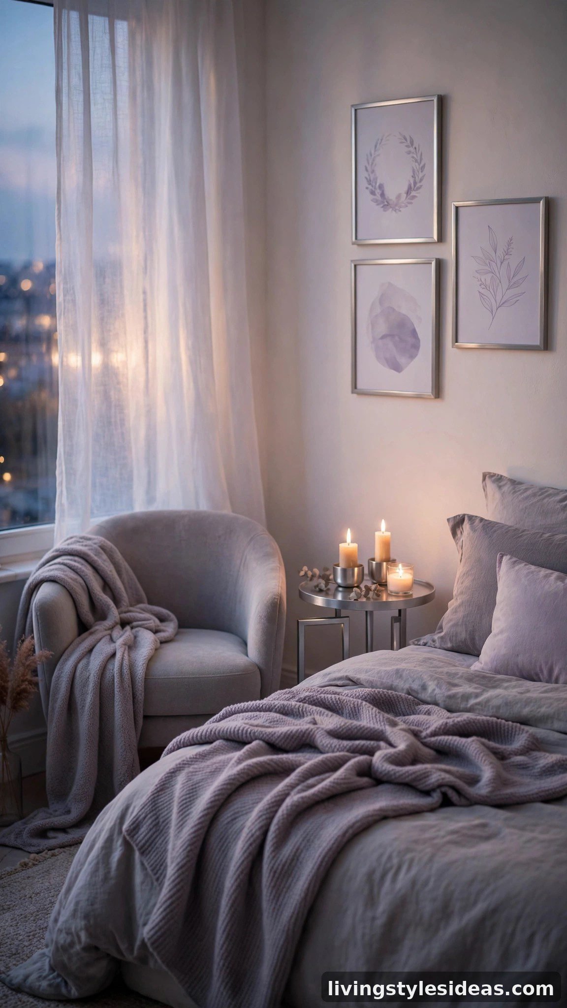 Cozy studio apartment styled in a muted lavender haze palette with gray-lilac, warm white and soft gray