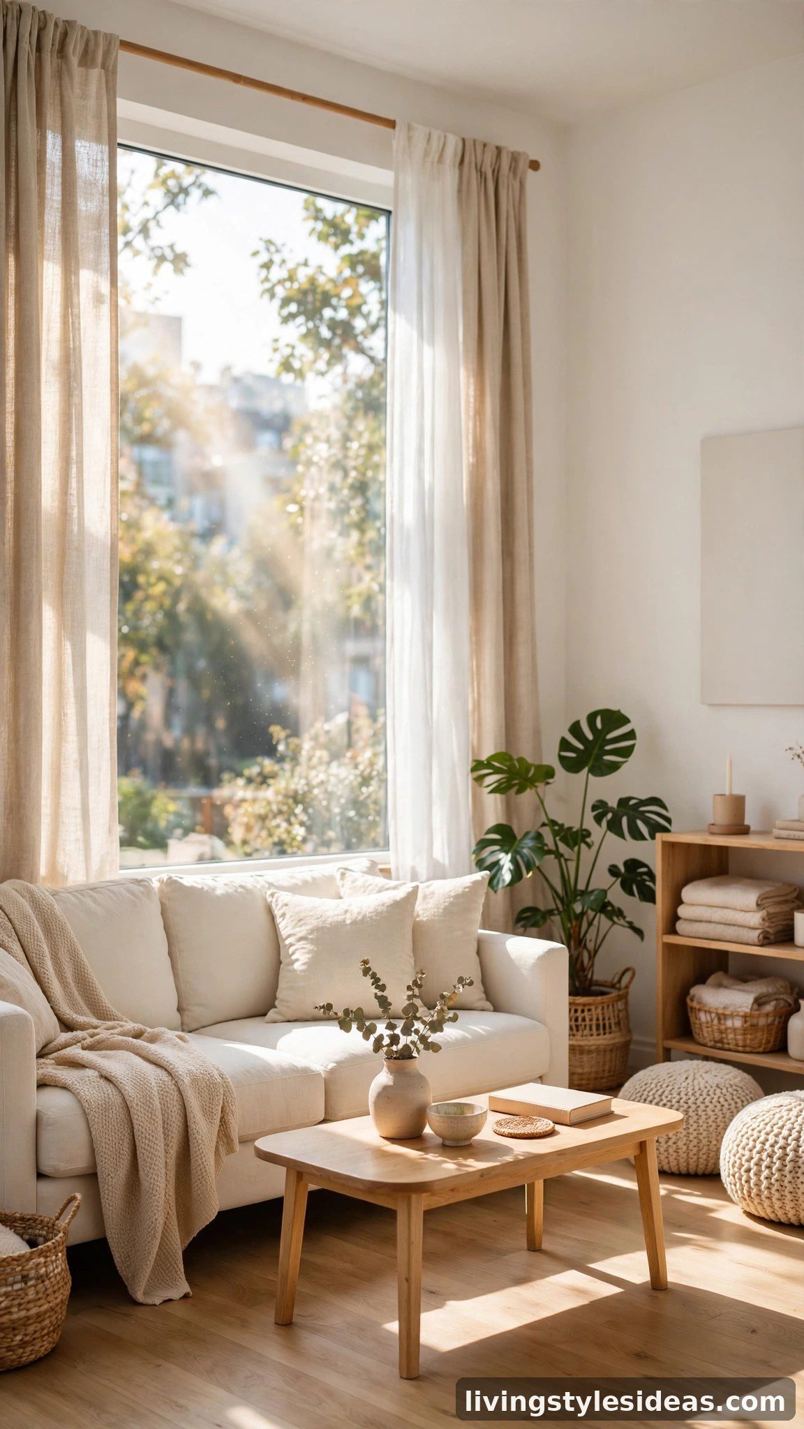 Bright studio apartment living area painted warm white with cream sofa and linen curtains