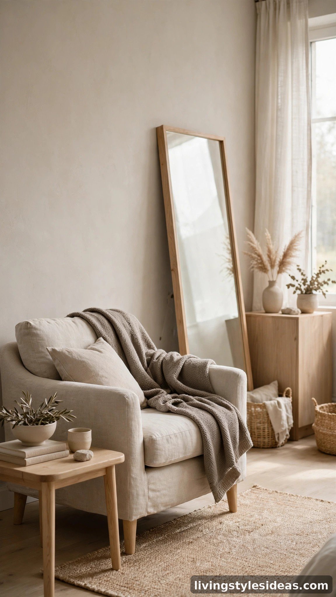Elegant studio apartment in soft greige tones with linen armchair and taupe throw