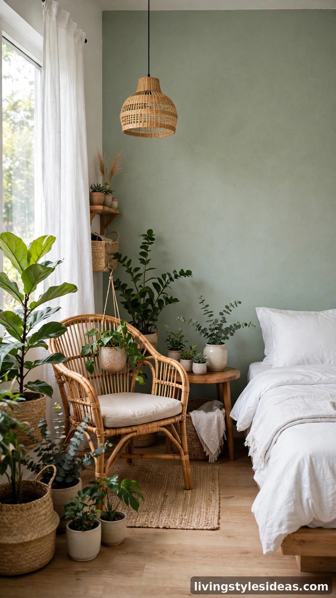 Small studio living room with light sage green accent wall and white bedding corner