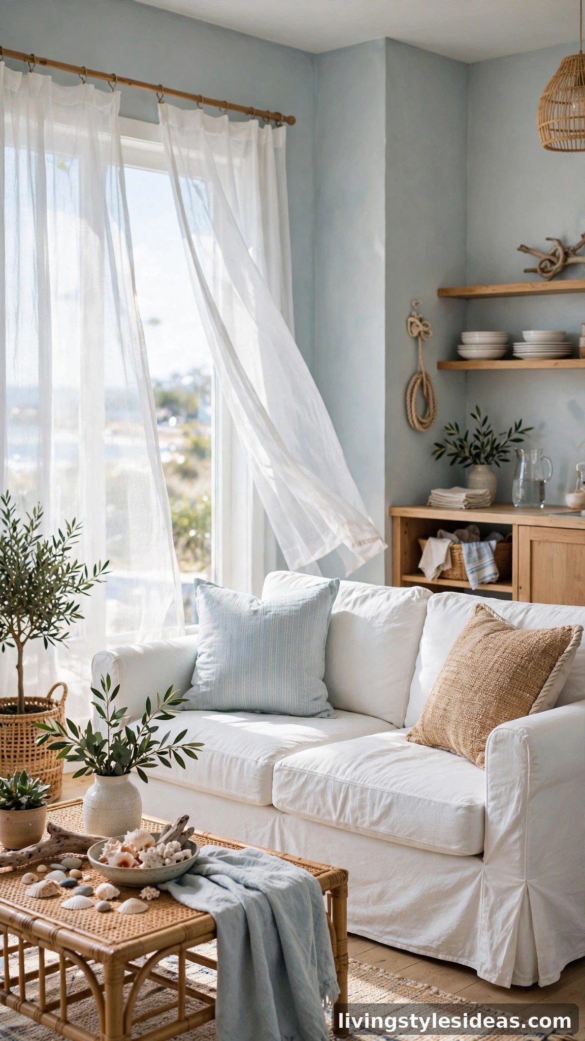 Coastal studio apartment with pale blue-gray walls and white slipcovered sofa