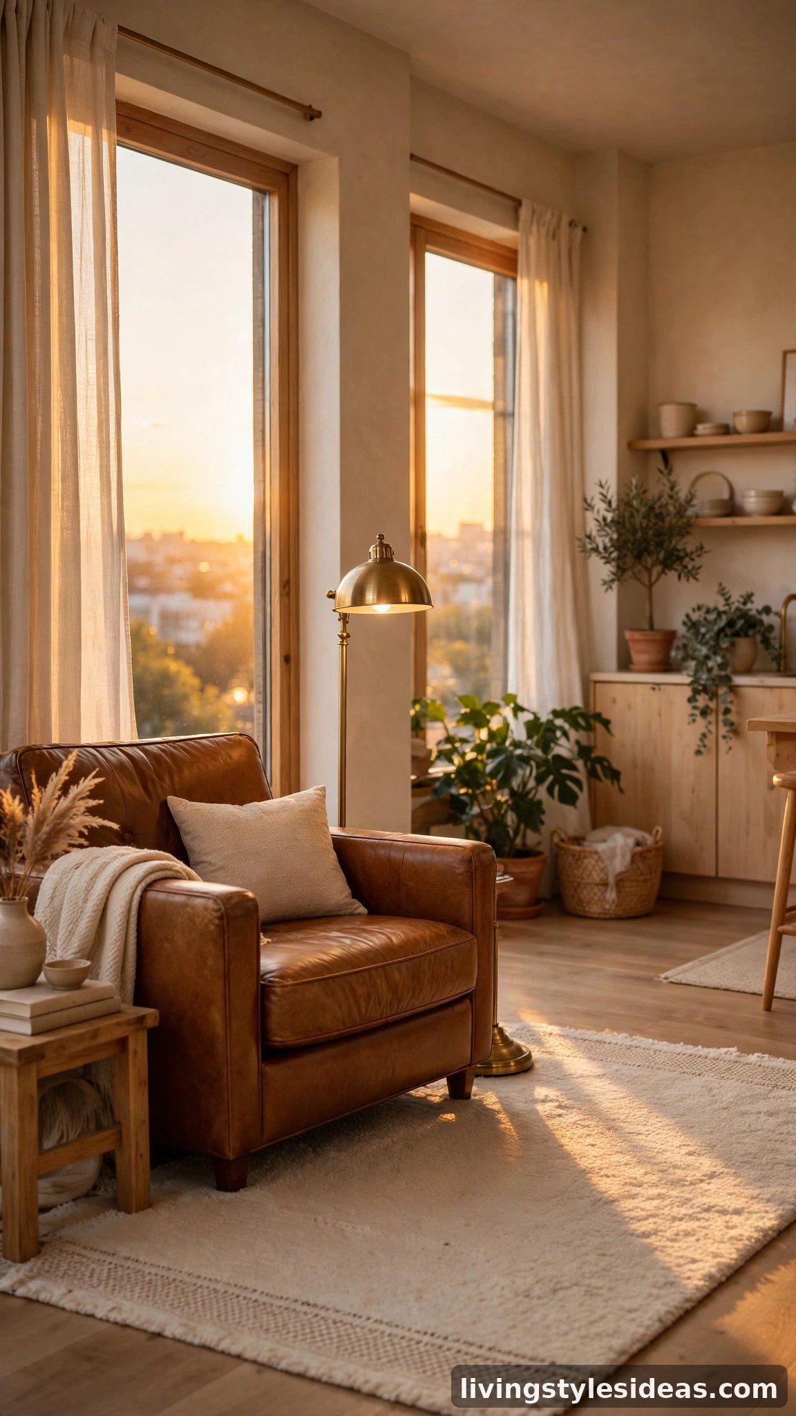 Warm studio apartment with beige walls and caramel leather armchair in golden light