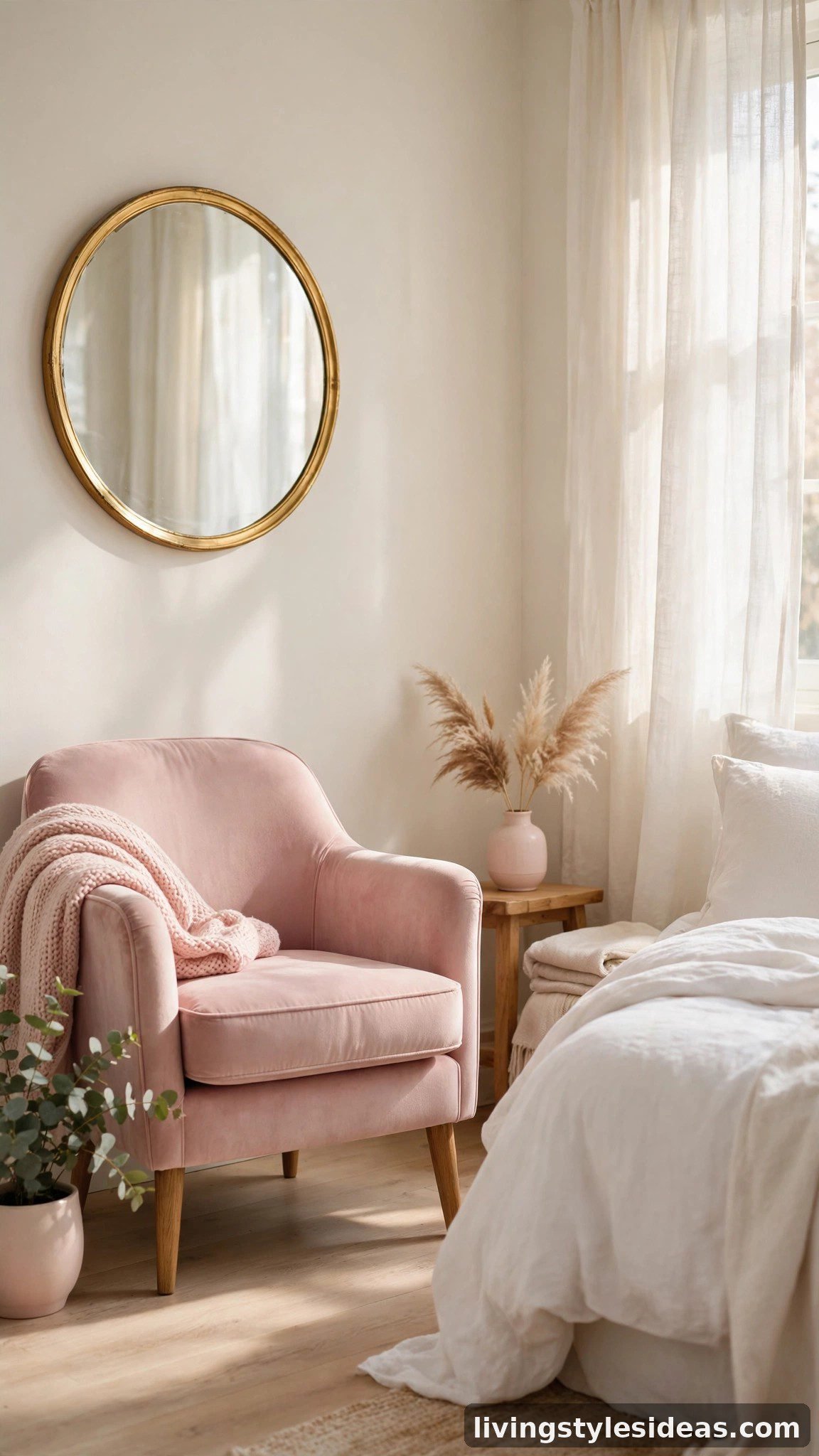Romantic studio apartment with soft blush pink accents on ivory walls