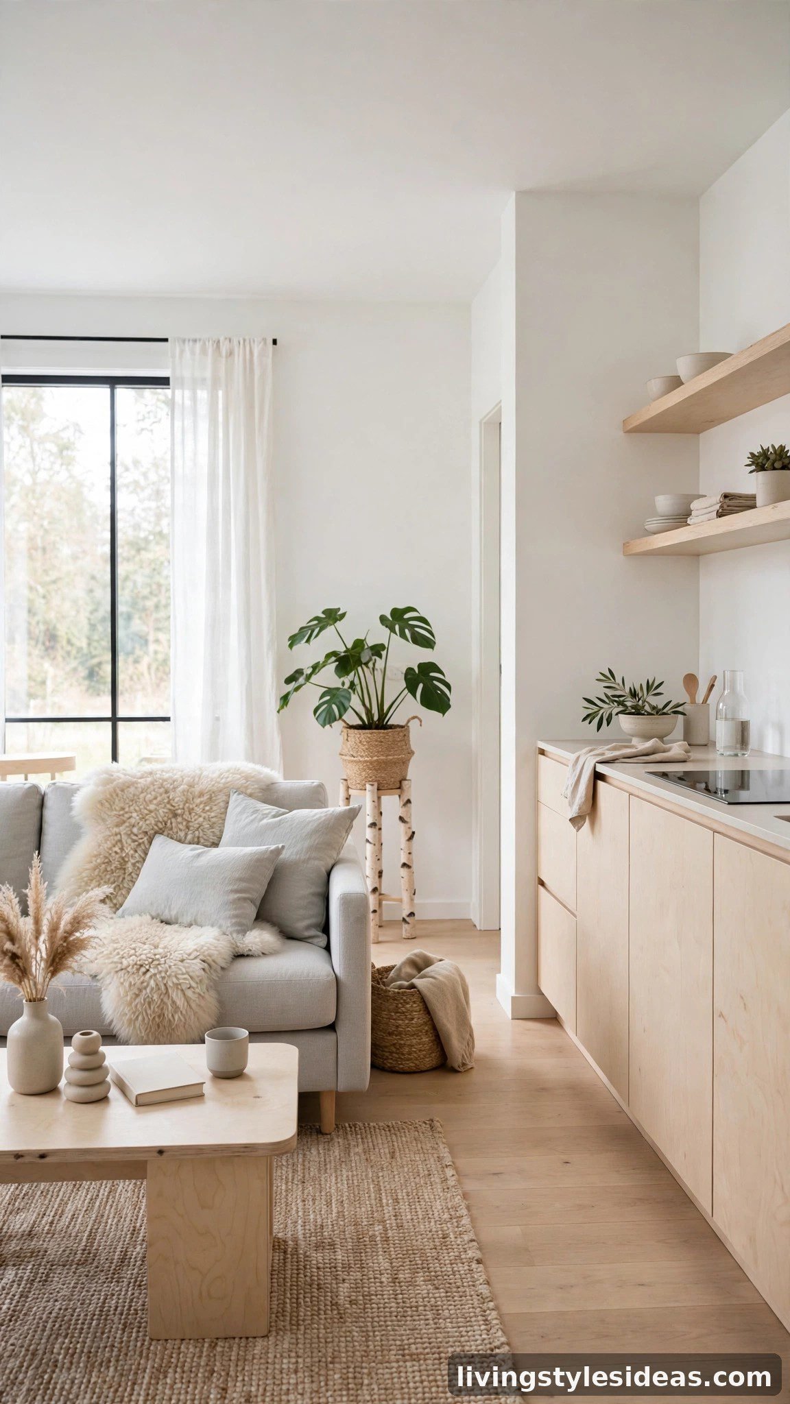 Scandinavian studio apartment with light gray sofa and crisp white walls