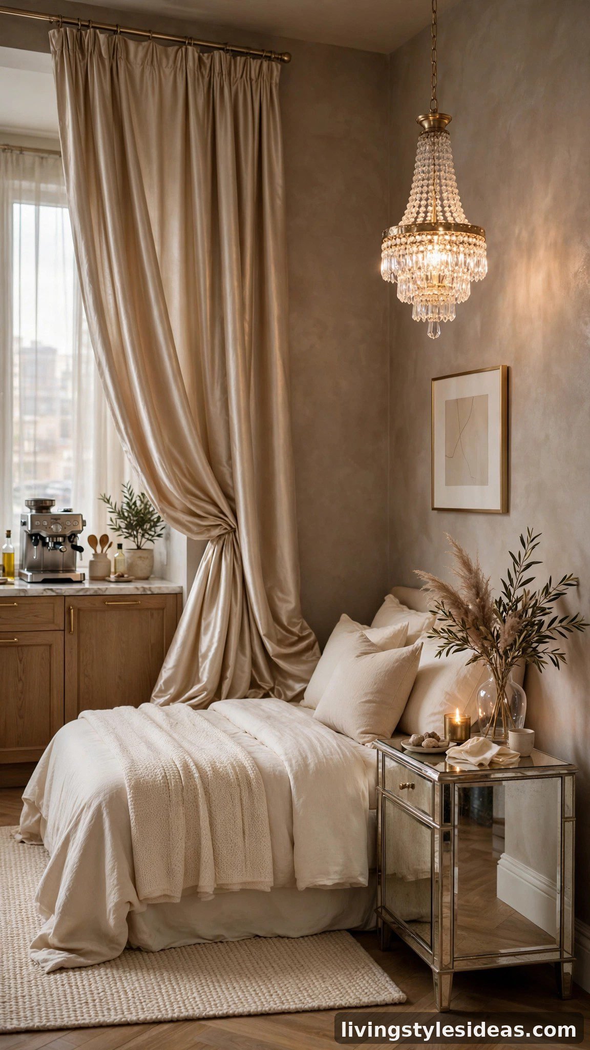 Luxurious studio apartment with warm taupe walls and champagne silk curtains