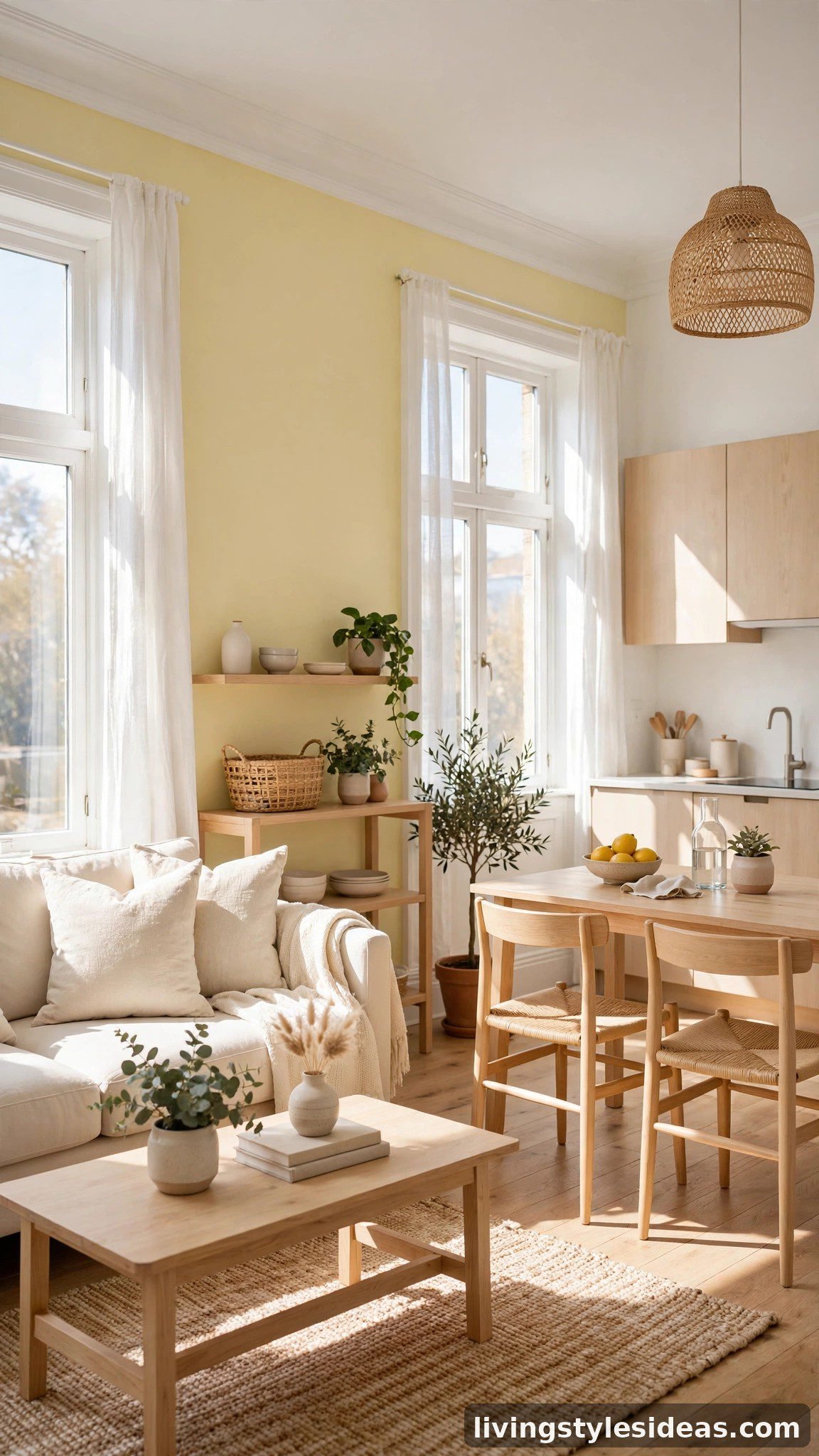 Sunny studio apartment with pale yellow accent wall and cream upholstery