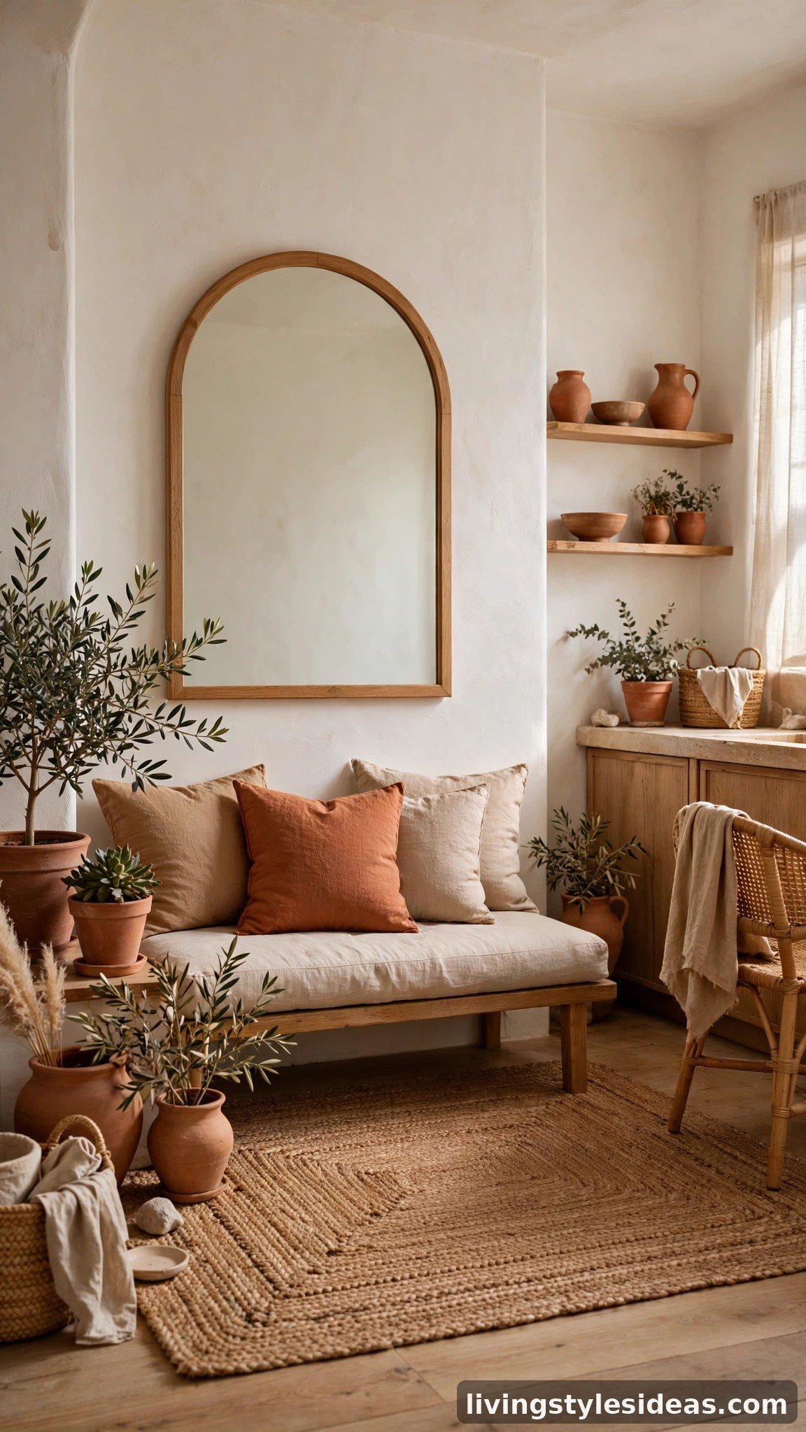 Mediterranean studio apartment with warm white walls and terracotta accents