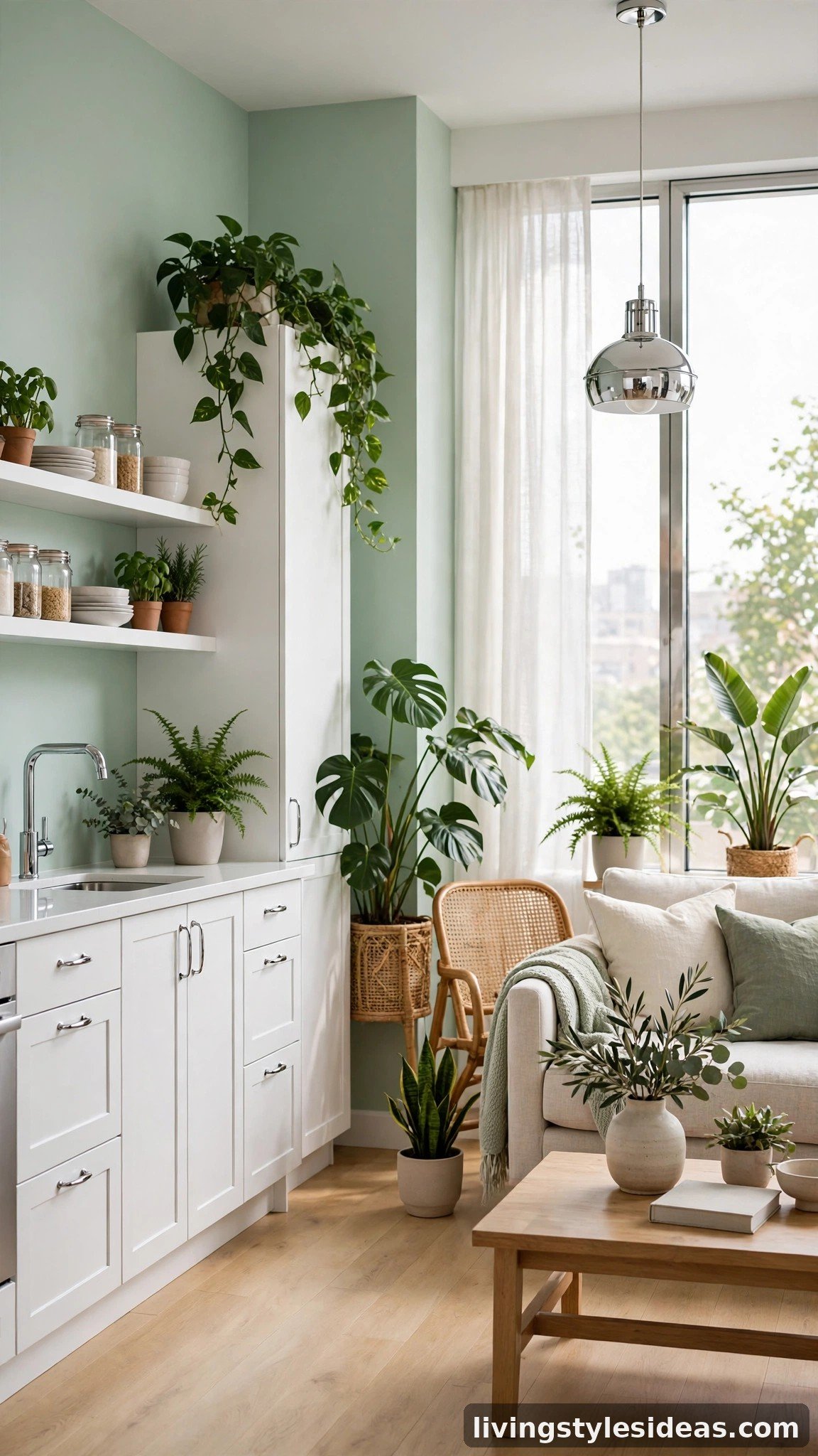 Fresh modern studio apartment with soft mint green walls and white cabinetry