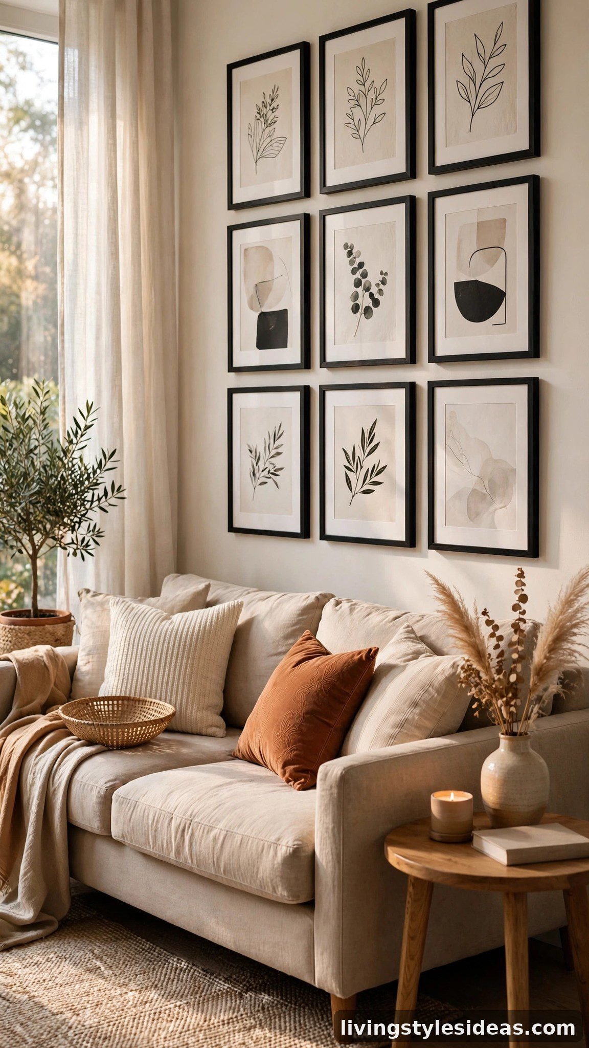 Studio apartment living area with a gallery wall of framed prints above the sofa