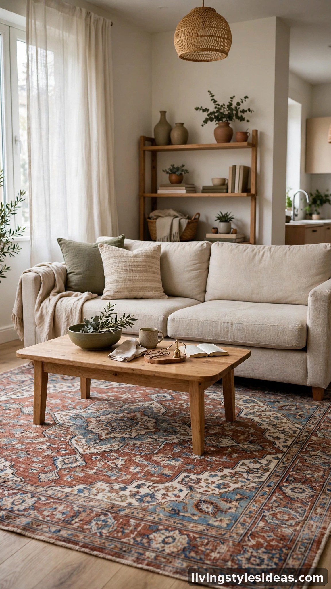 Beautifully decorated studio apartment with a large statement rug defining the living zone