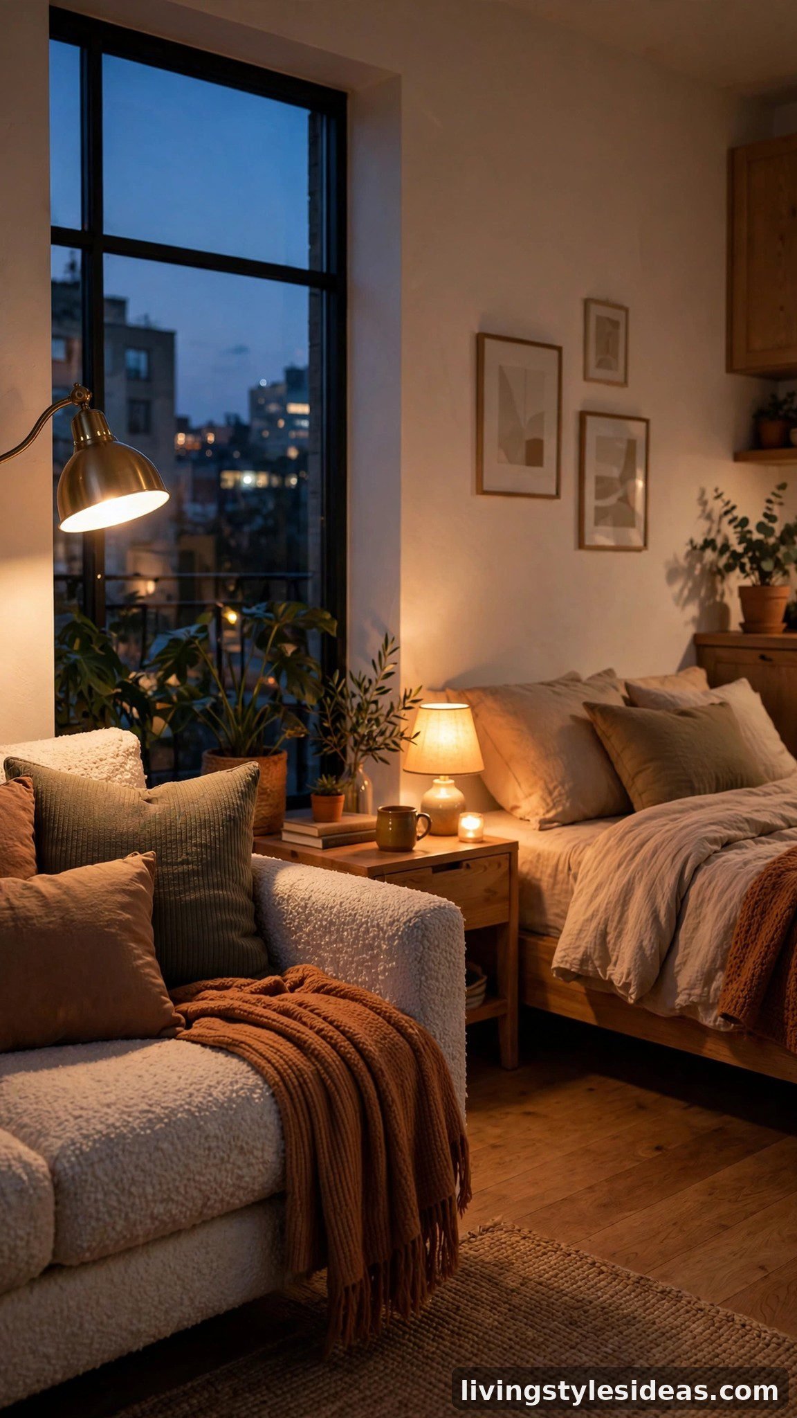 Cozy studio apartment at dusk with layered lighting from a floor lamp and table lamps