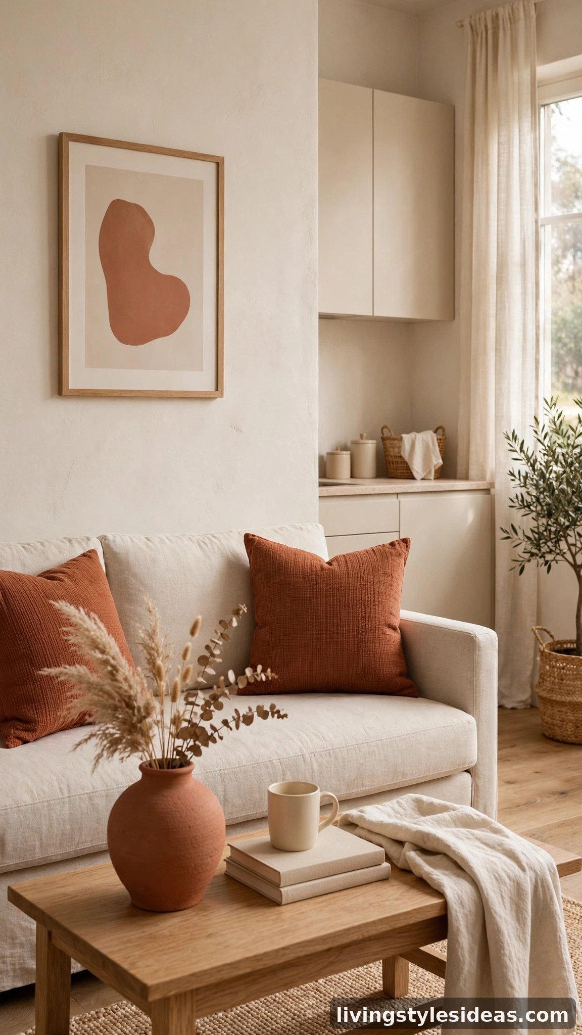 Studio apartment decorated with terracotta accent pillows, vases and artwork