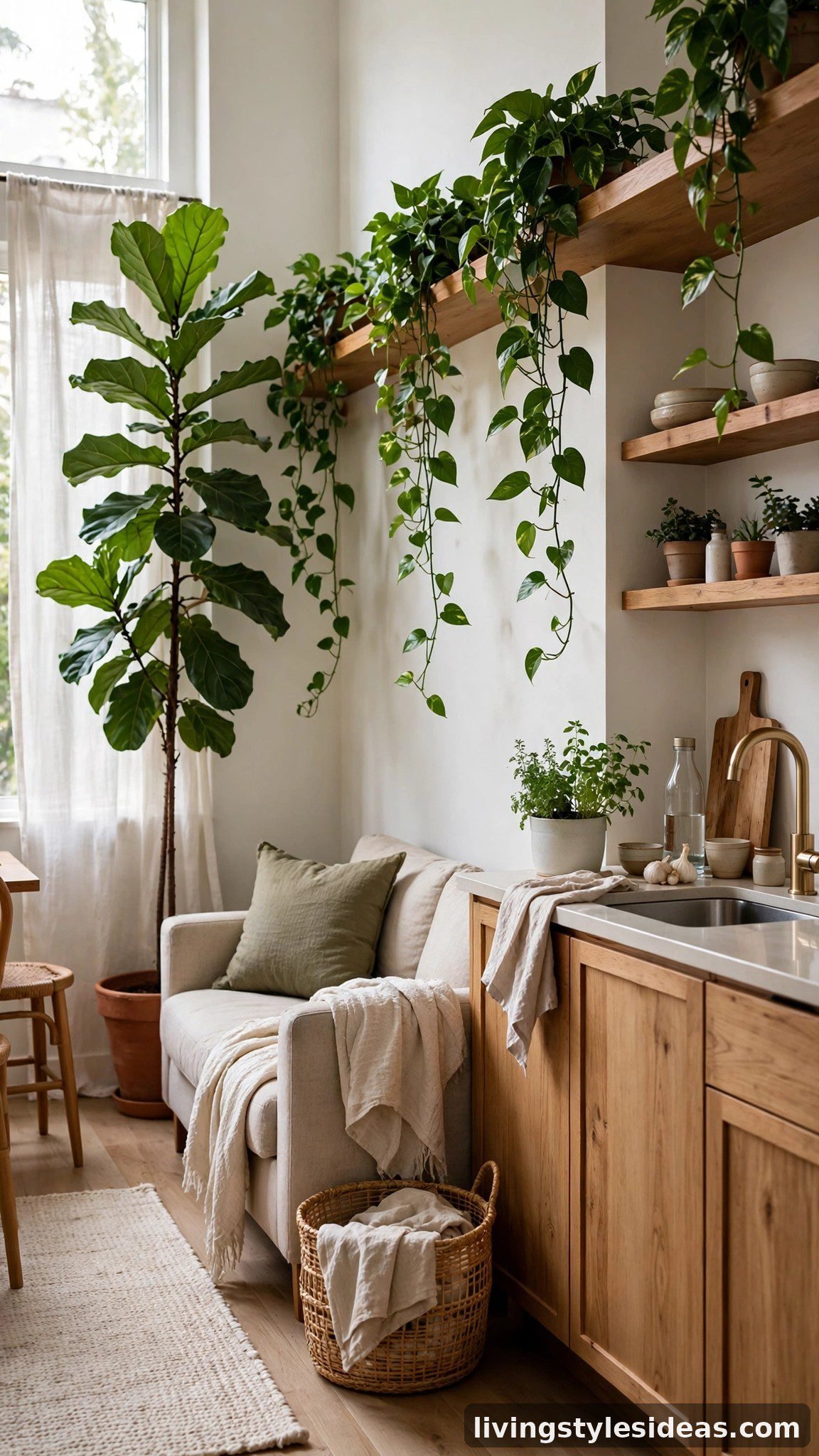 Bright studio apartment decorated with tall indoor plants and trailing greenery