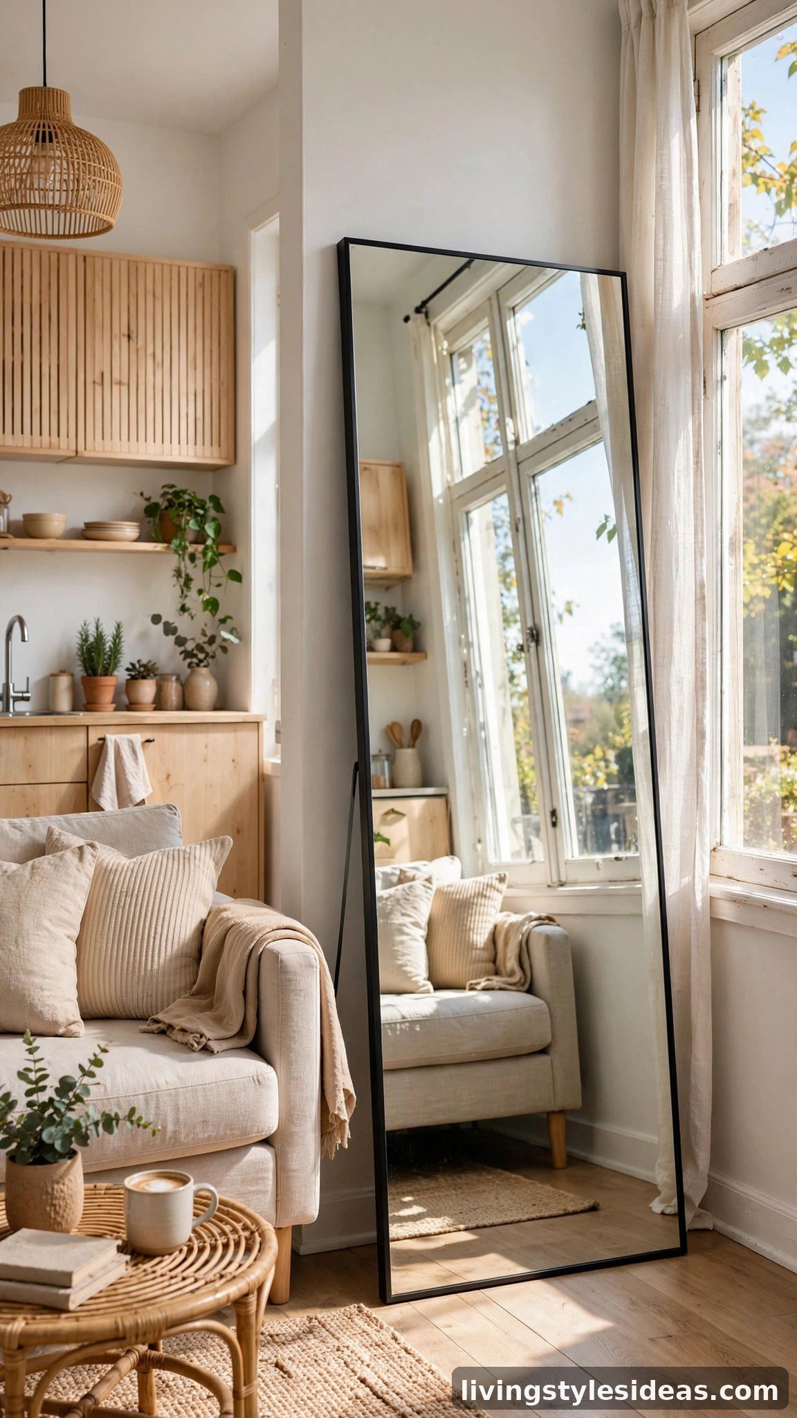 Small studio apartment with an oversized leaning mirror reflecting window light