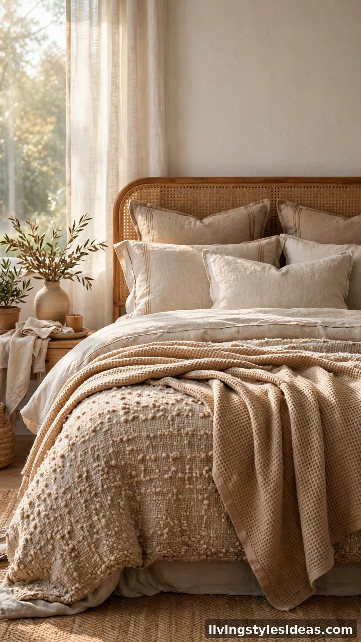 Studio apartment bed styled with layered throws, linen pillows and textured bedding