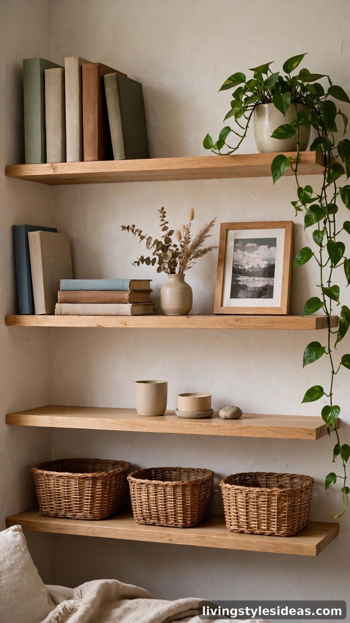 Styled open shelves in a studio apartment with books, plants and baskets