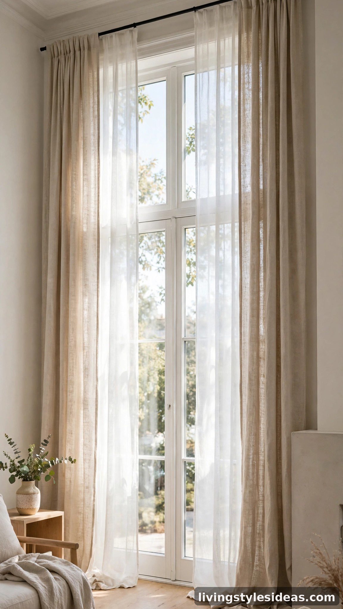 Studio apartment window with floor-length linen curtains hung high and wide