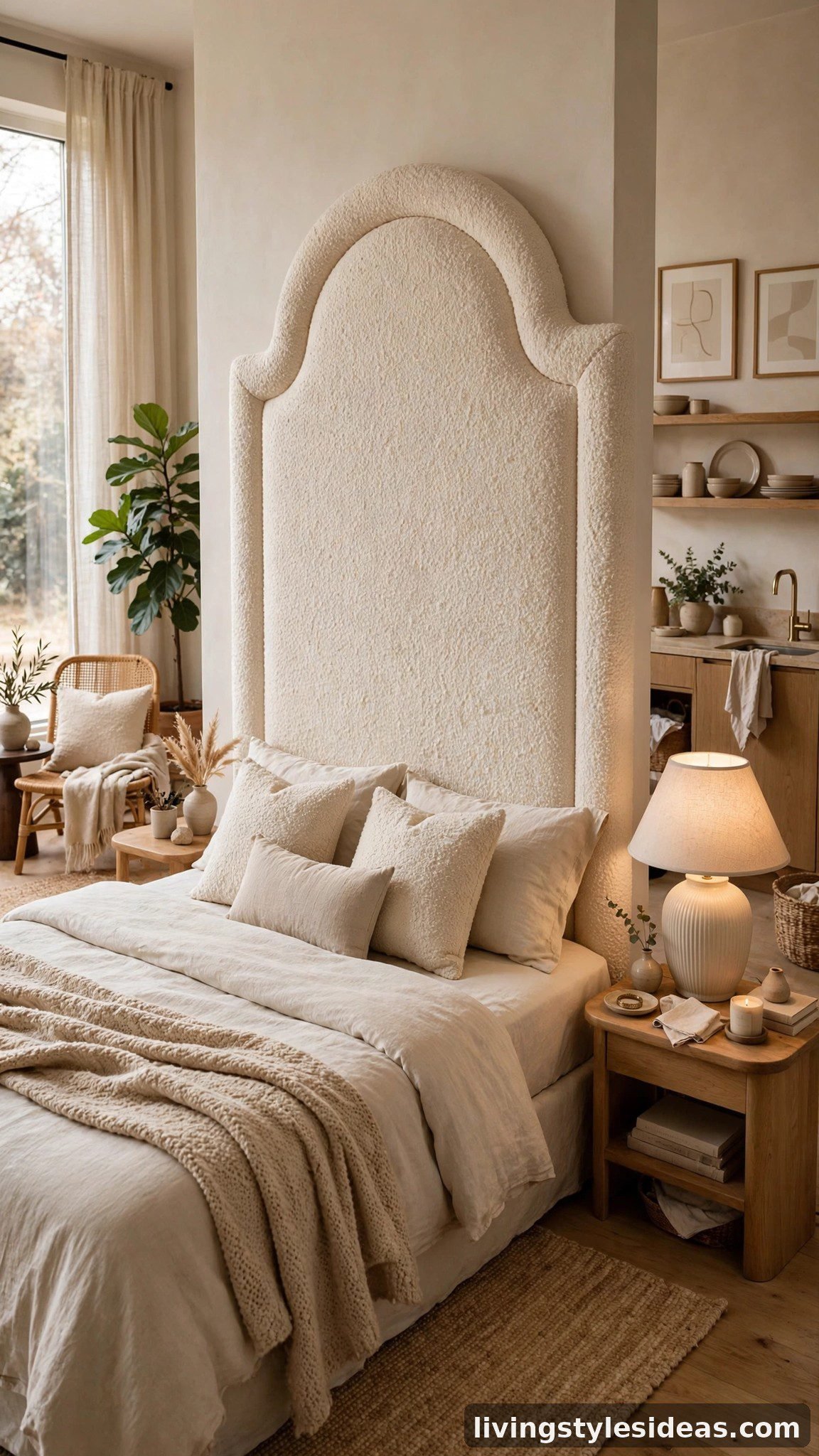 Decorated studio apartment with an upholstered statement headboard as the focal point