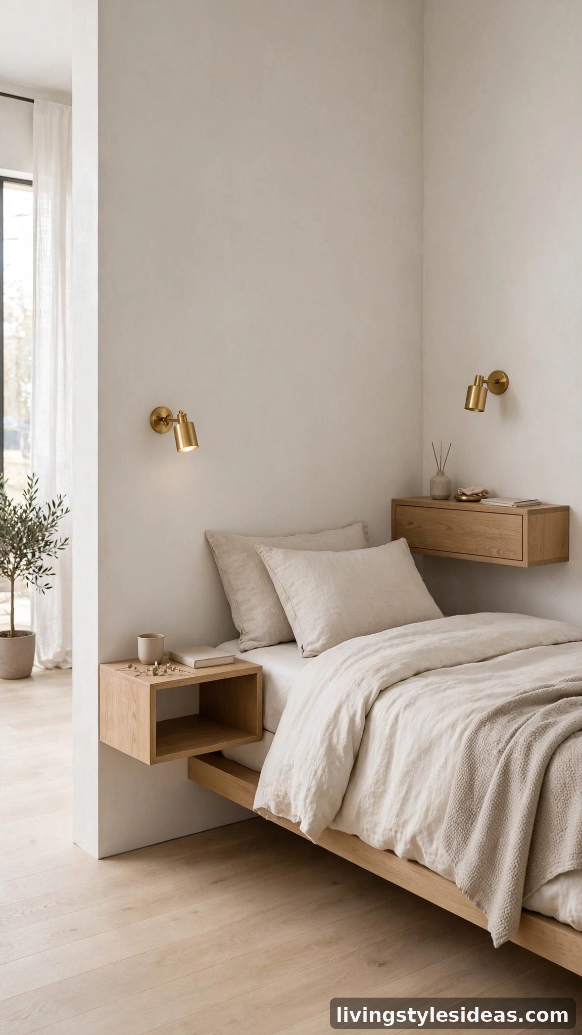 Modern studio bedroom corner with wall-mounted floating nightstands and sconces
