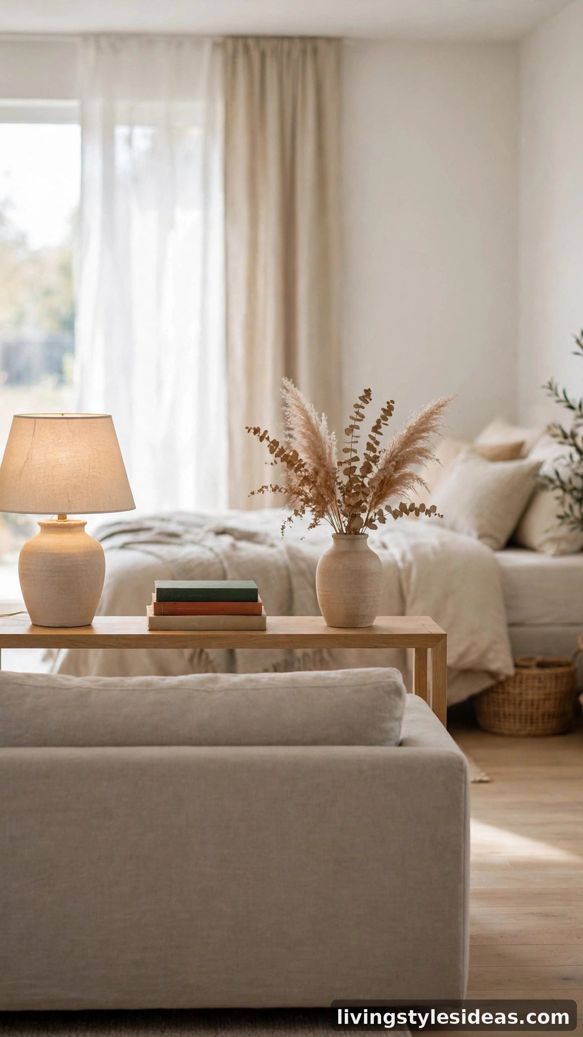 Studio apartment with a console table styled behind the sofa dividing living and sleeping zones
