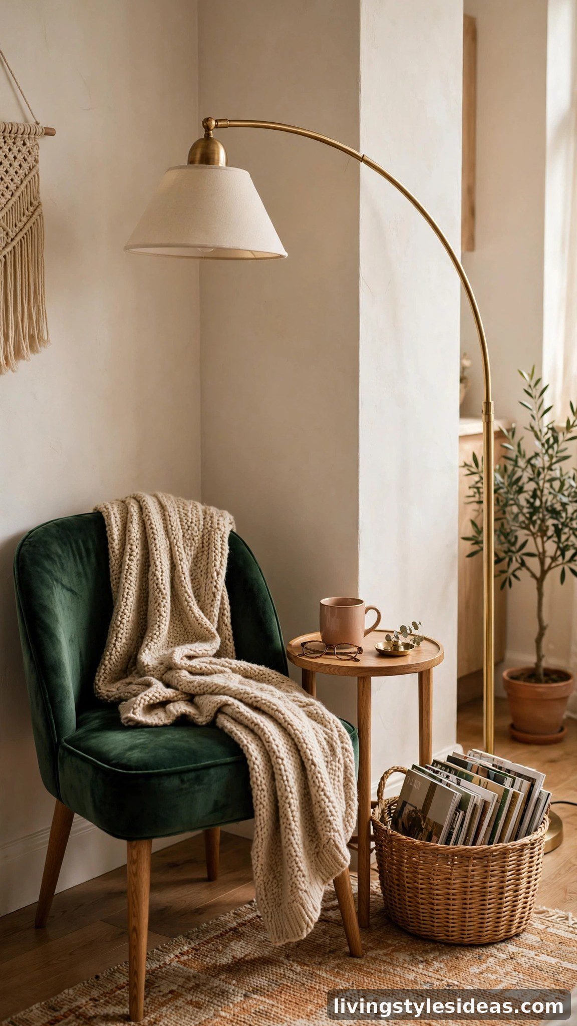 Cozy reading nook in a studio apartment with an accent chair, floor lamp and side table